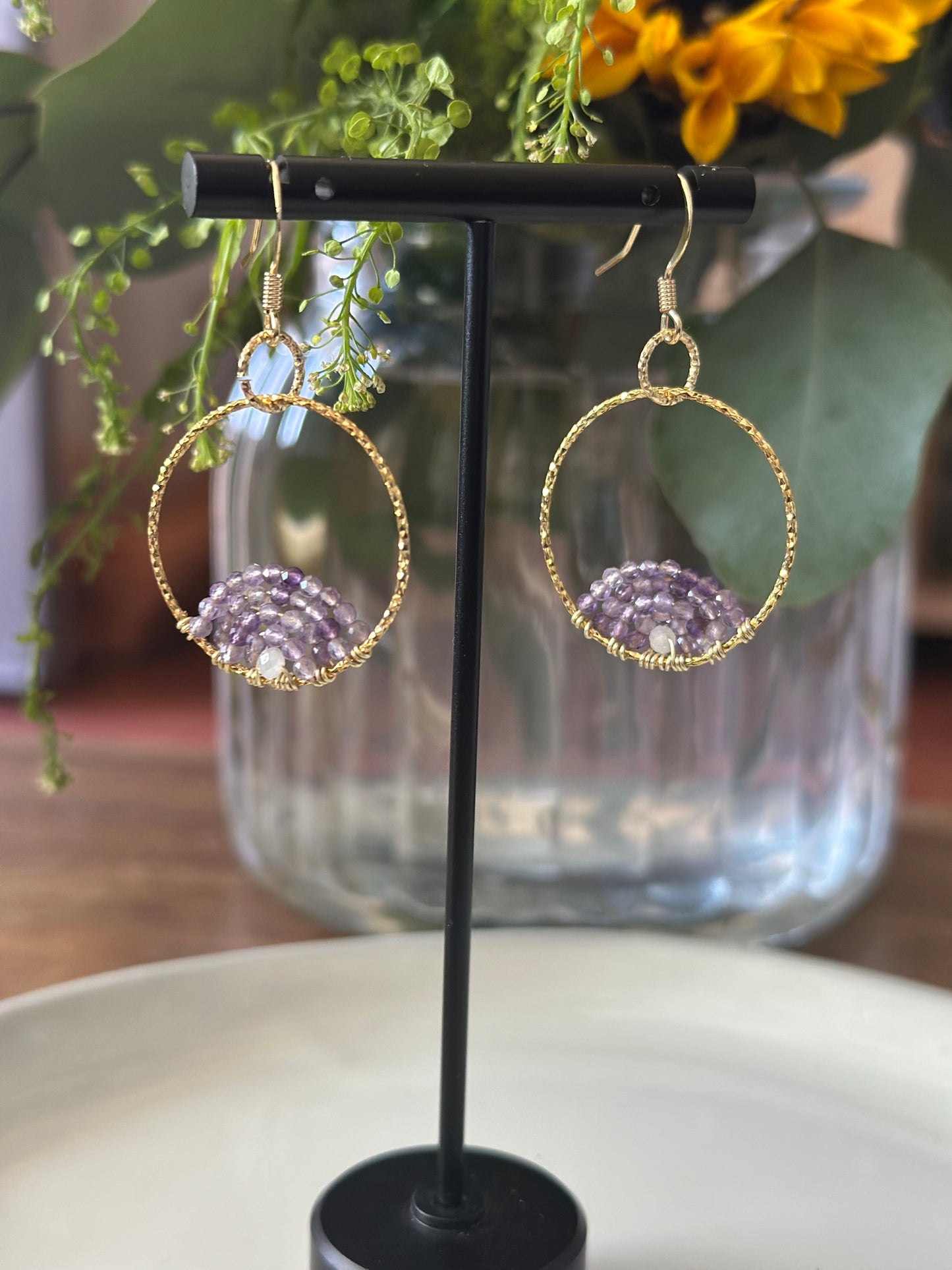Dangle and Drop Earrings in Purple and Gold.
