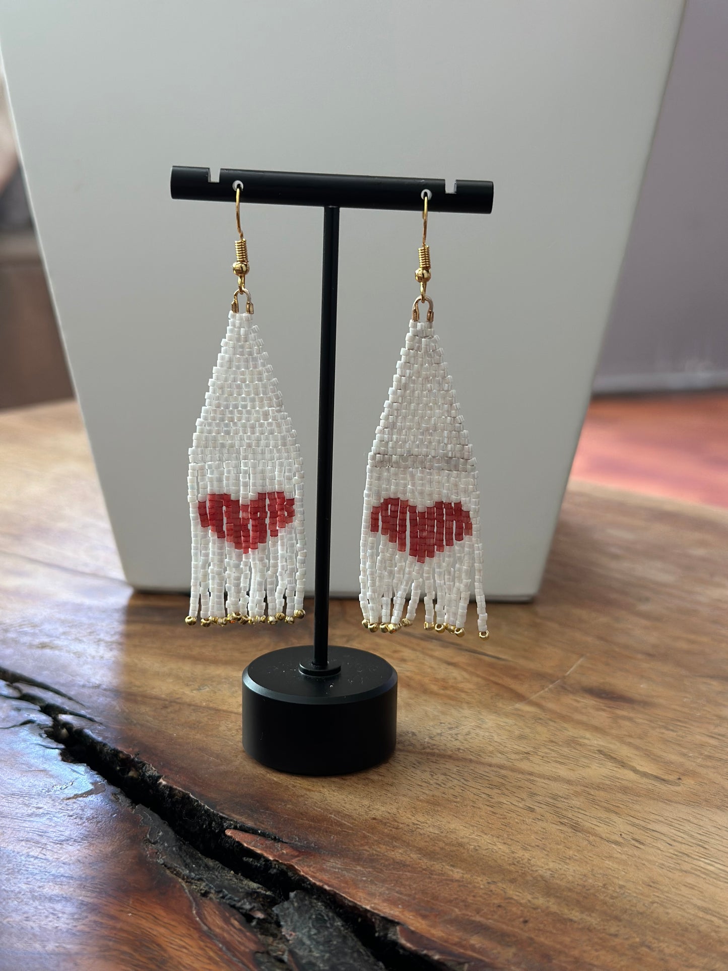 Beaded Earrings in White and Red.
