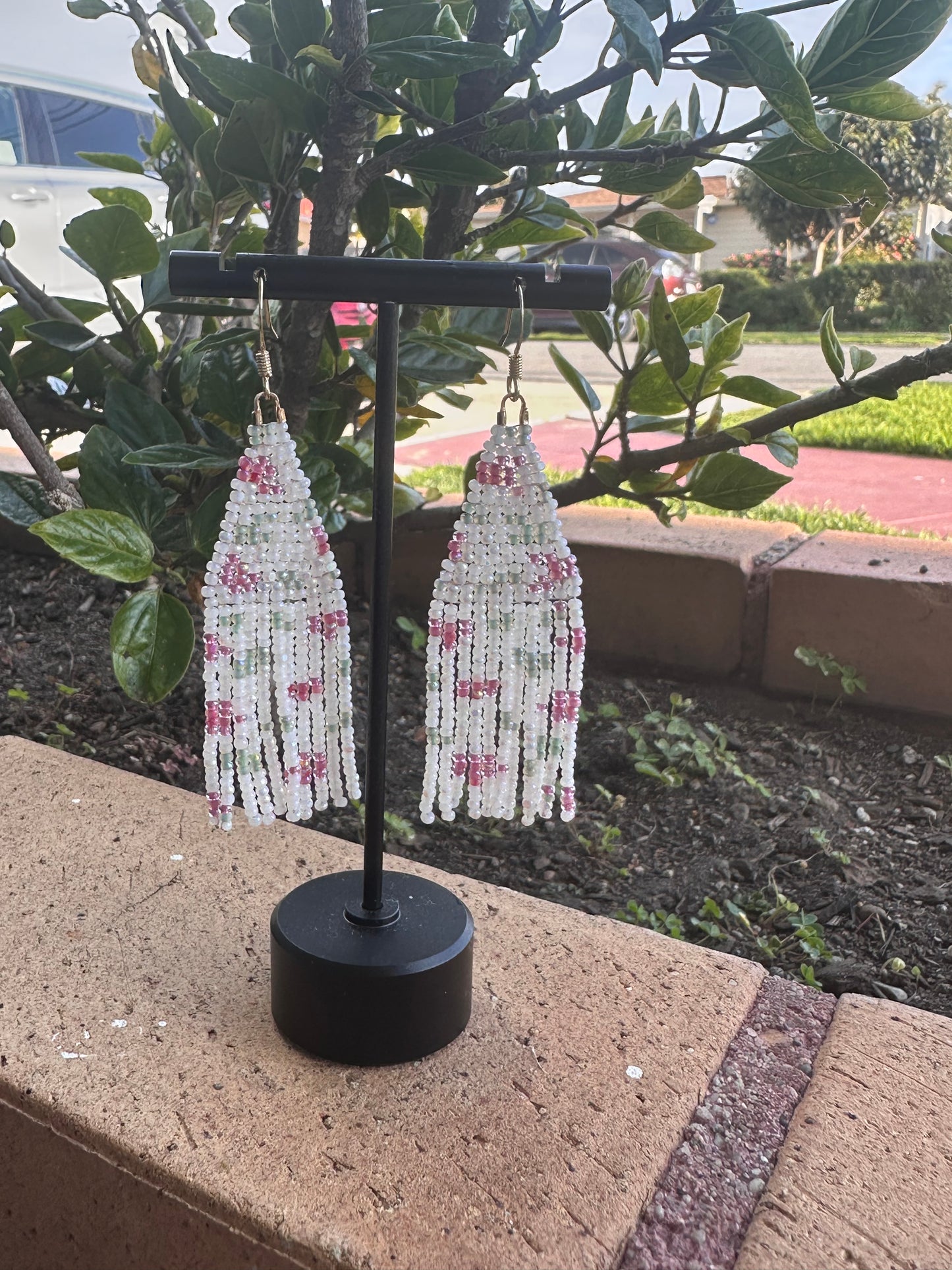 Beaded Earrings in white, pink and green.