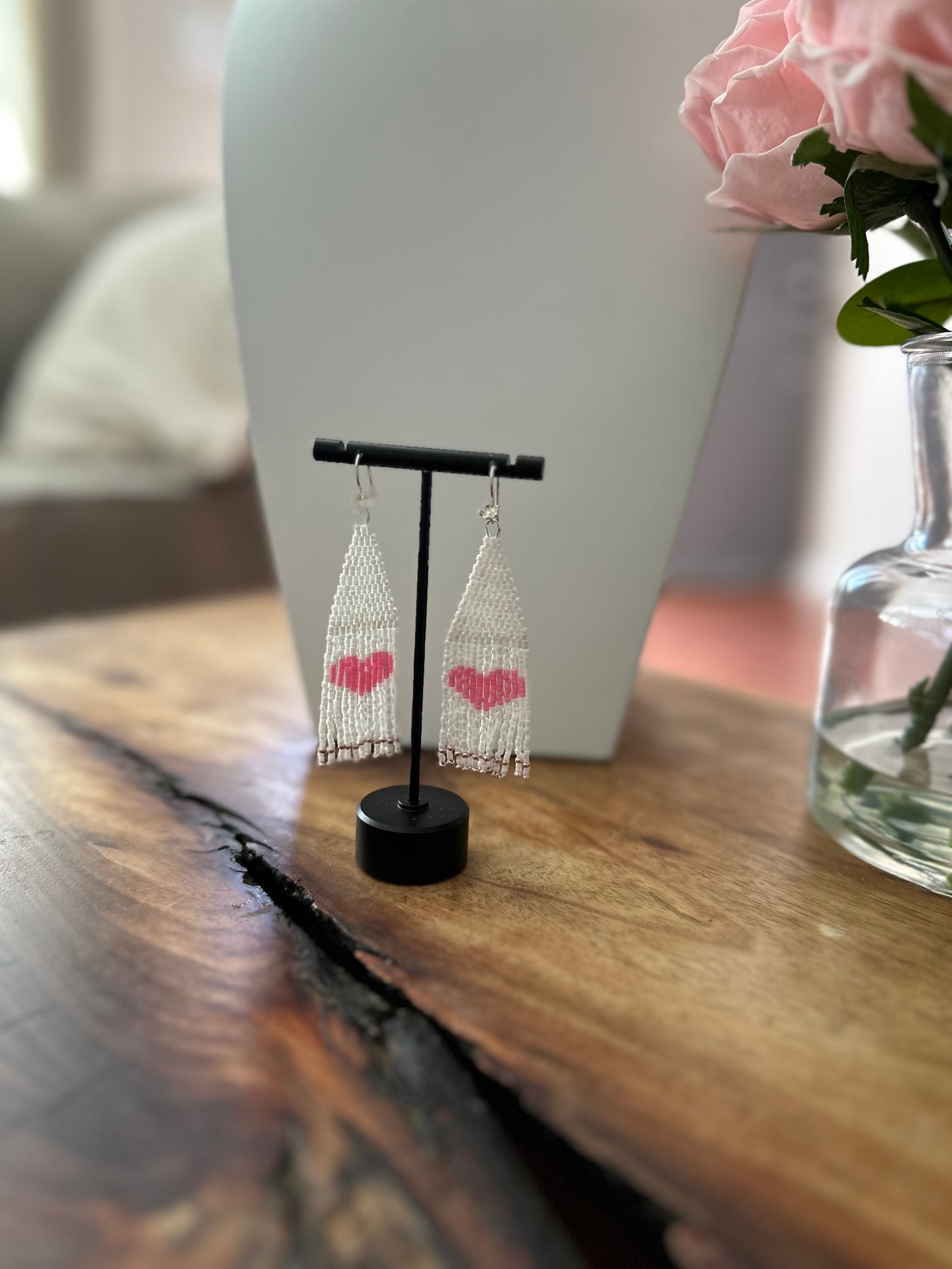 Beaded Earrings in White and Pink.