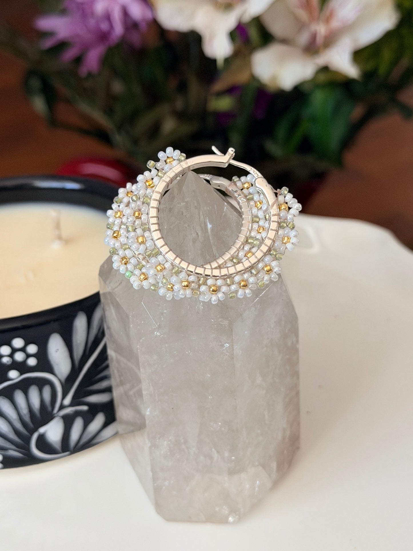 Hoop Earrings in White and Silver.
