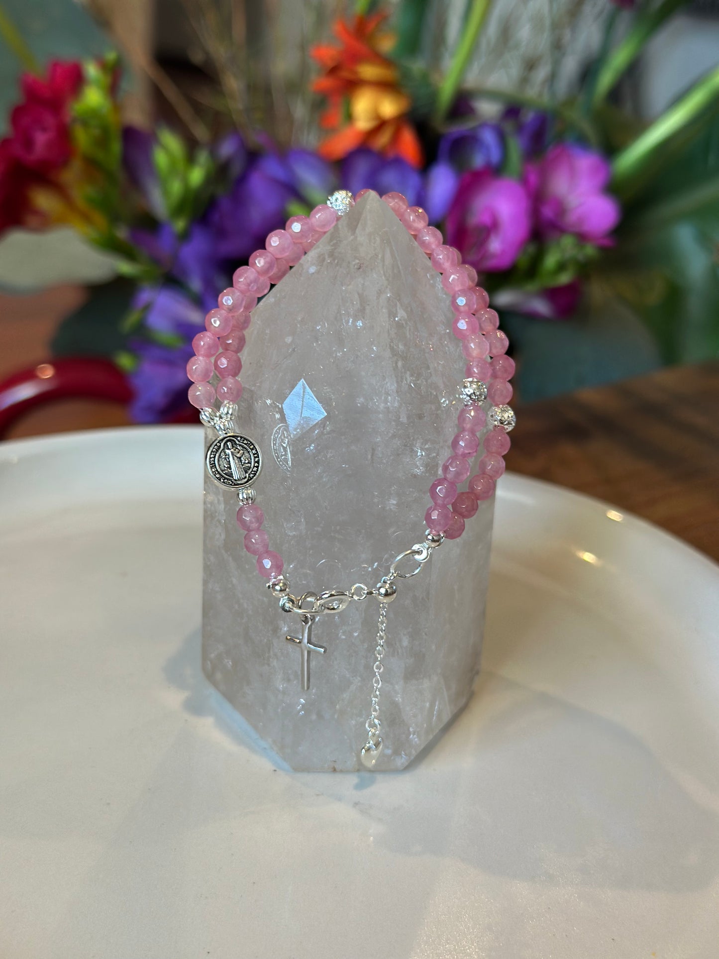 Rosary Bracelet in Pink and Silver.