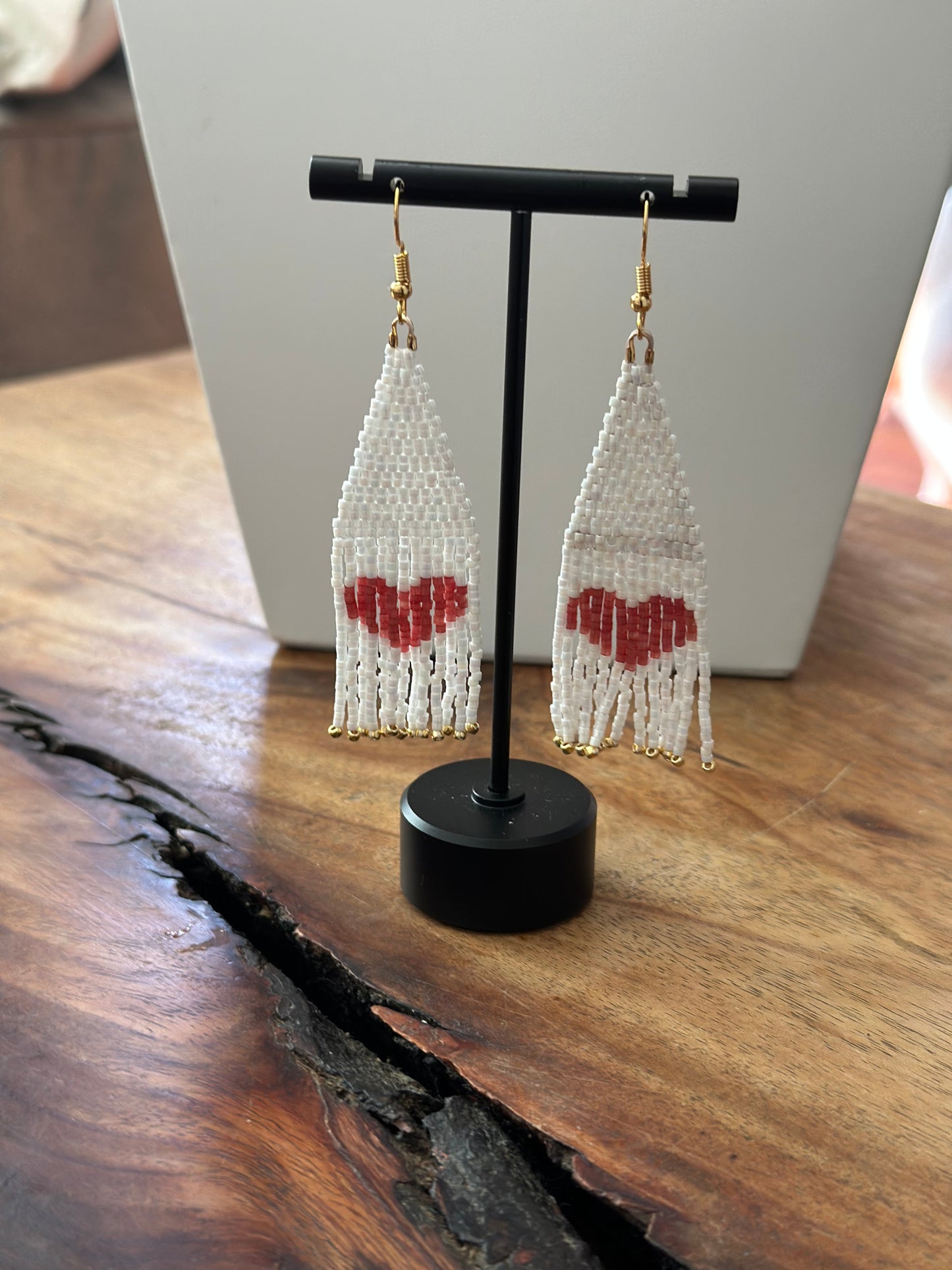 Beaded Earrings in White and Red.