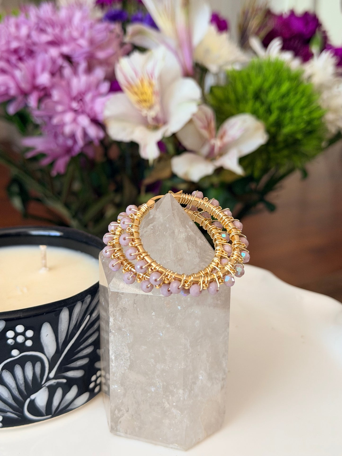 Hoop Earrings in Gold and Lilac.
