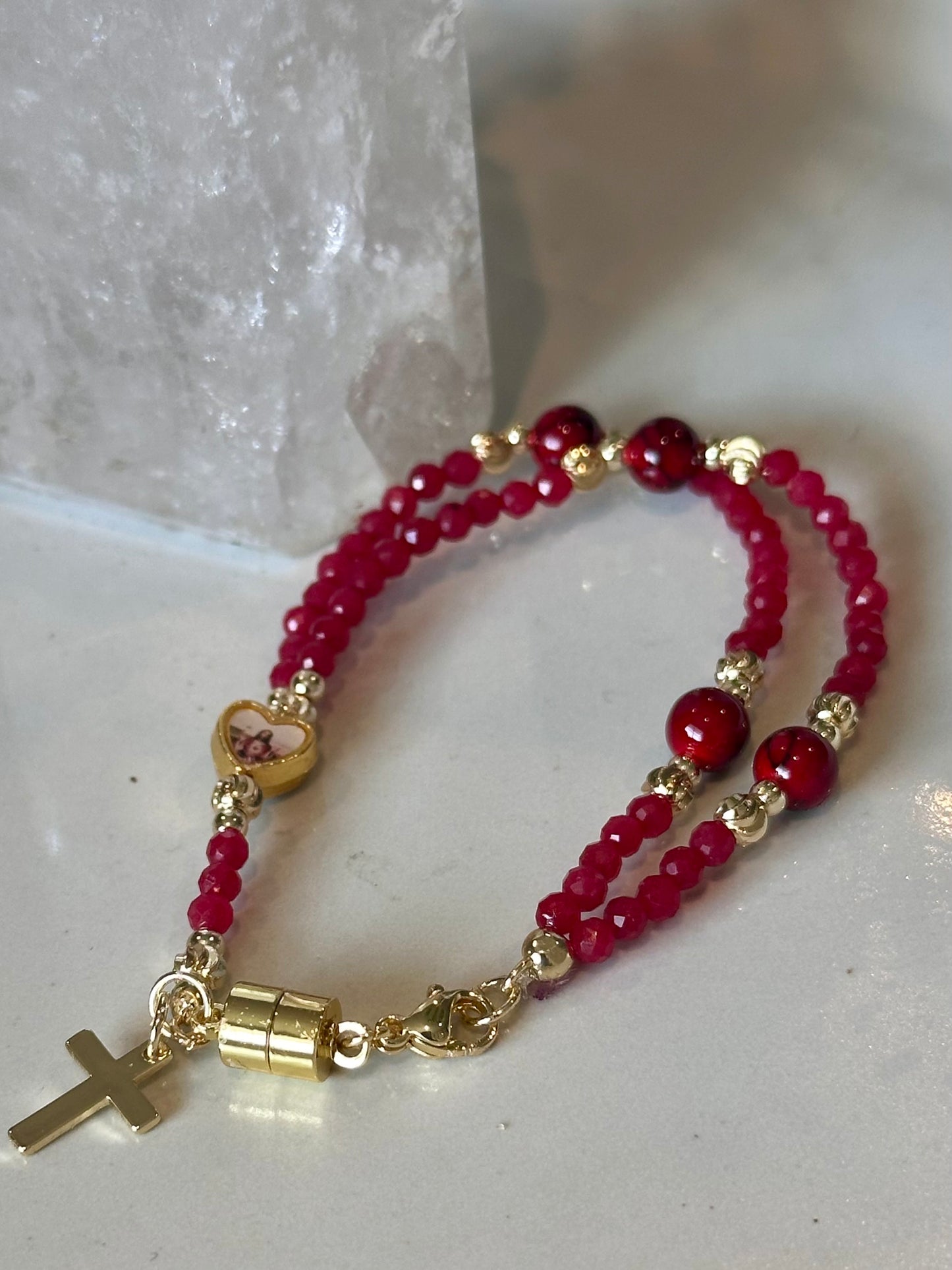 Rosary Bracelet in Red and Gold.