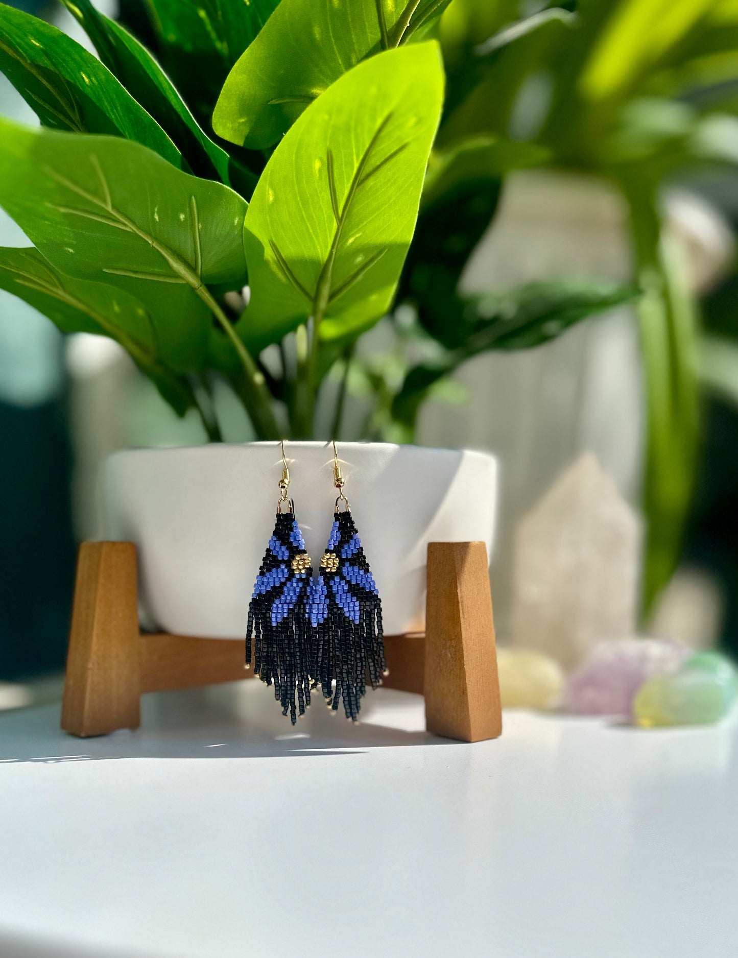 Beaded Fringe Earrings in Black, Blue, and Gold