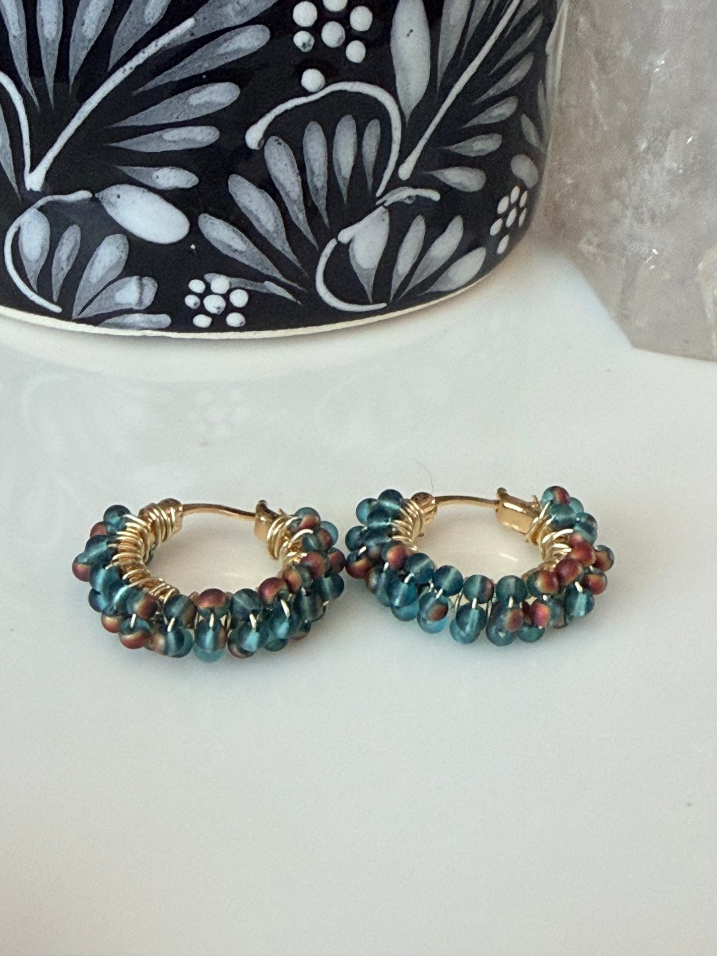 Hoop Earrings in Gold and Aqua Blue.