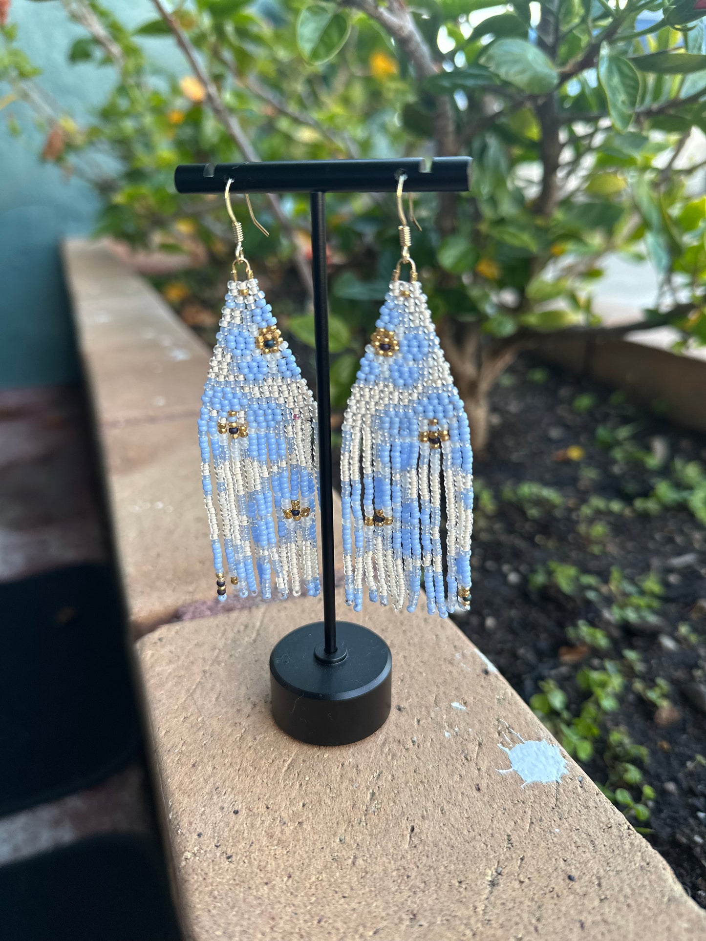 Beaded Earrings in Blue and Beige.