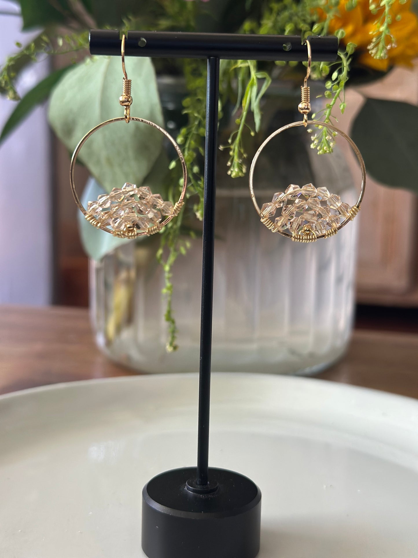 Dangle and Drop Earrings in Champagne and Gold.