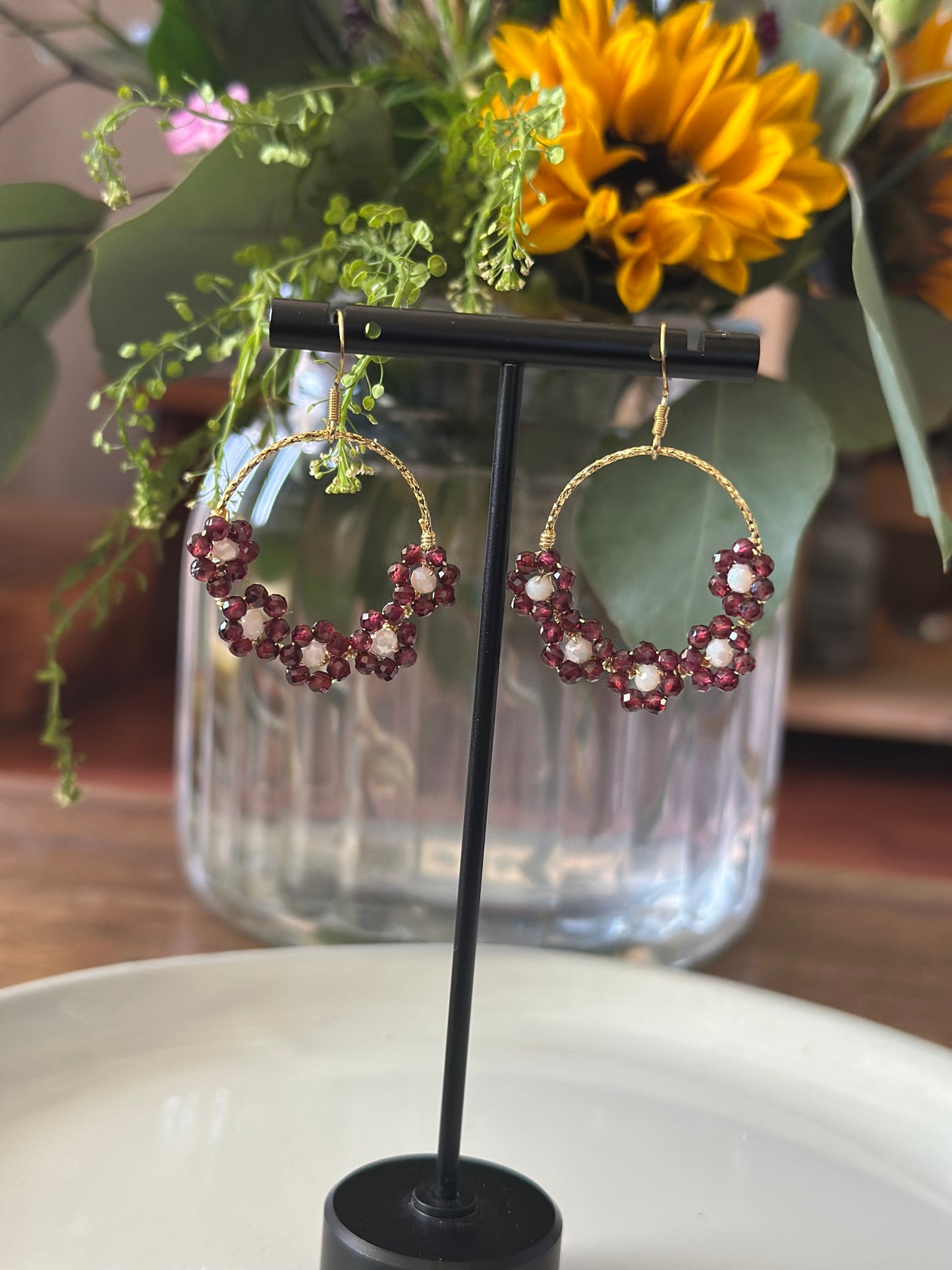Dangle and Drop Earrings in Wine and Gold.