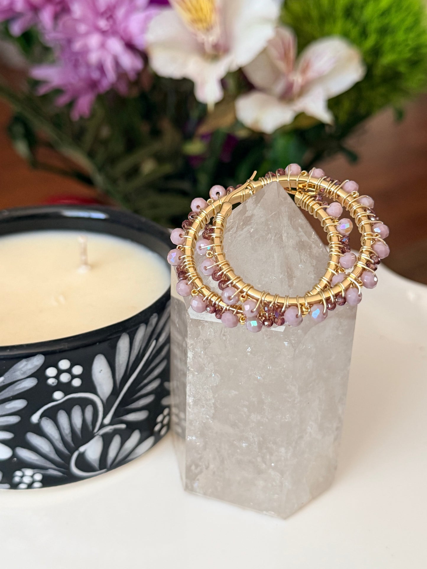 Hoop Earrings in Gold and Lilac.
