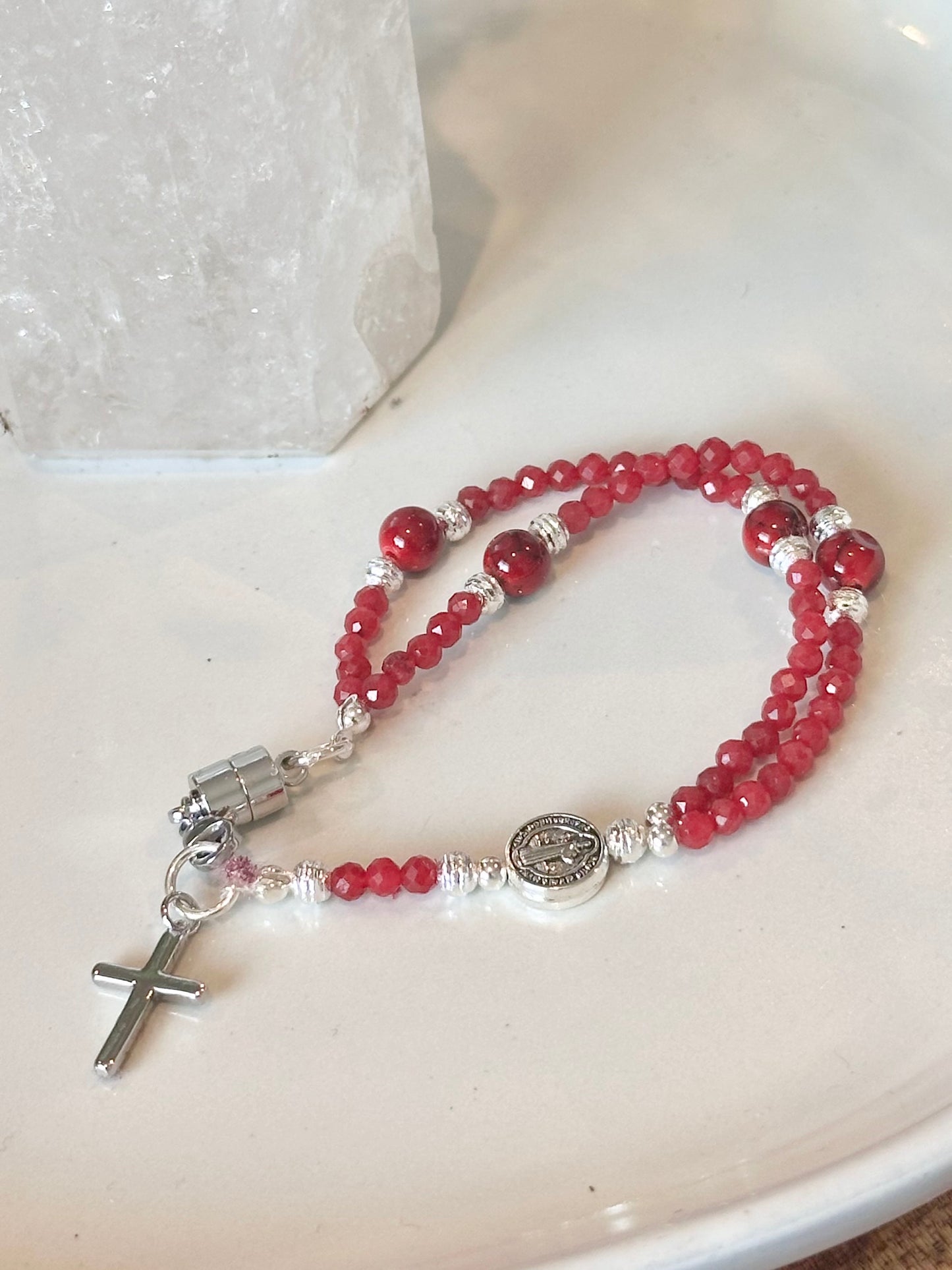 Rosary Bracelet in Red and Silver.