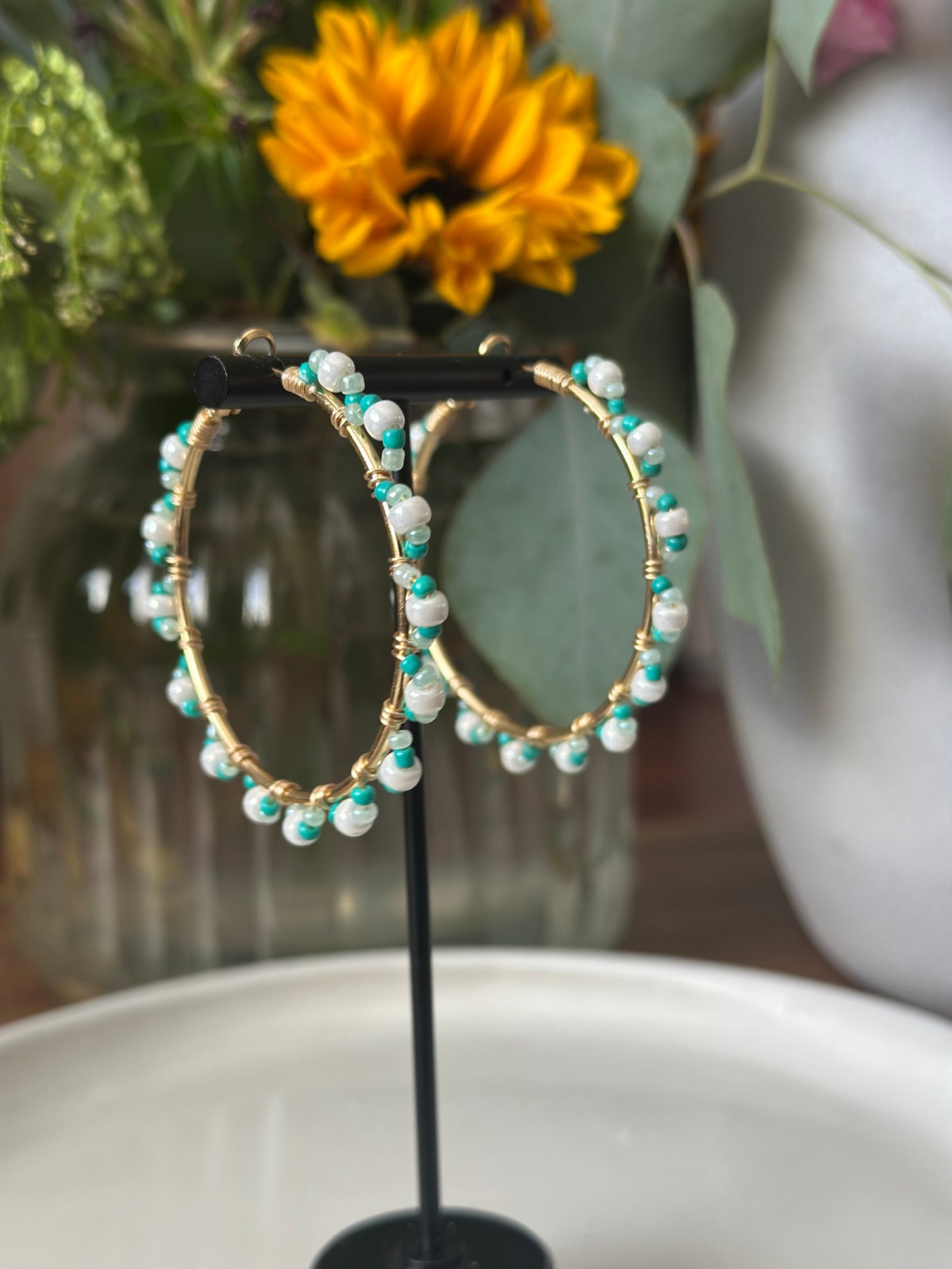 Hoop Earrings in White and Green