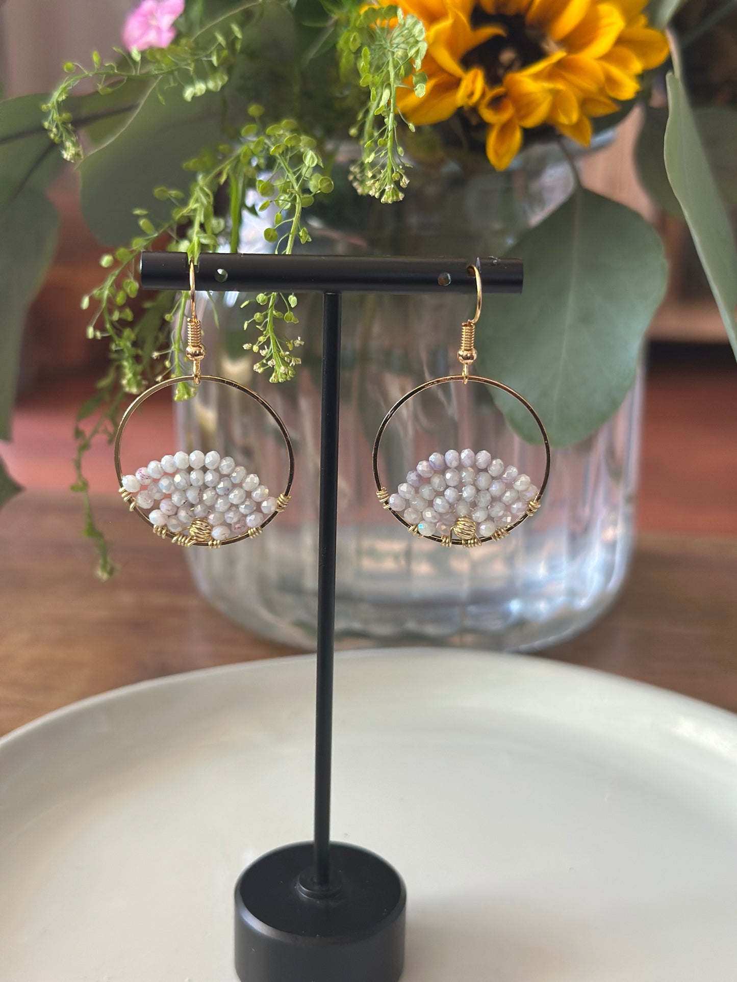 Dangle and Drop Earrings in Light Lilac and Gold.