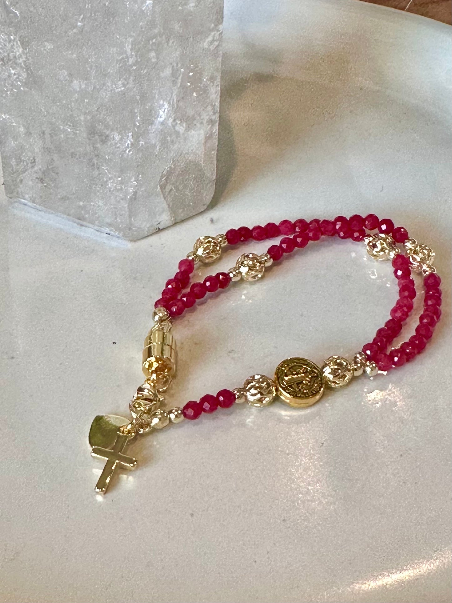 Rosary Bracelet in Red and Gold.