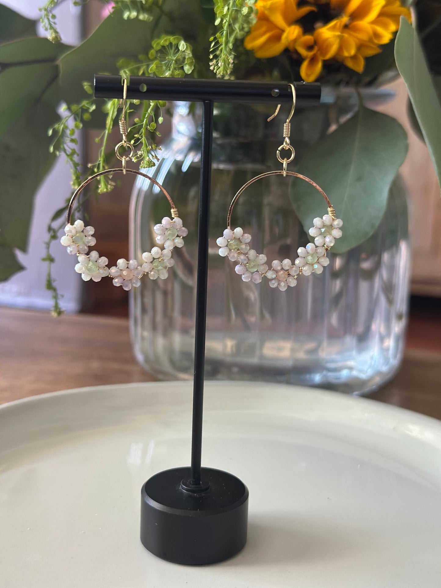 Dangle and Drop Earrings in Light Lilac and Gold.