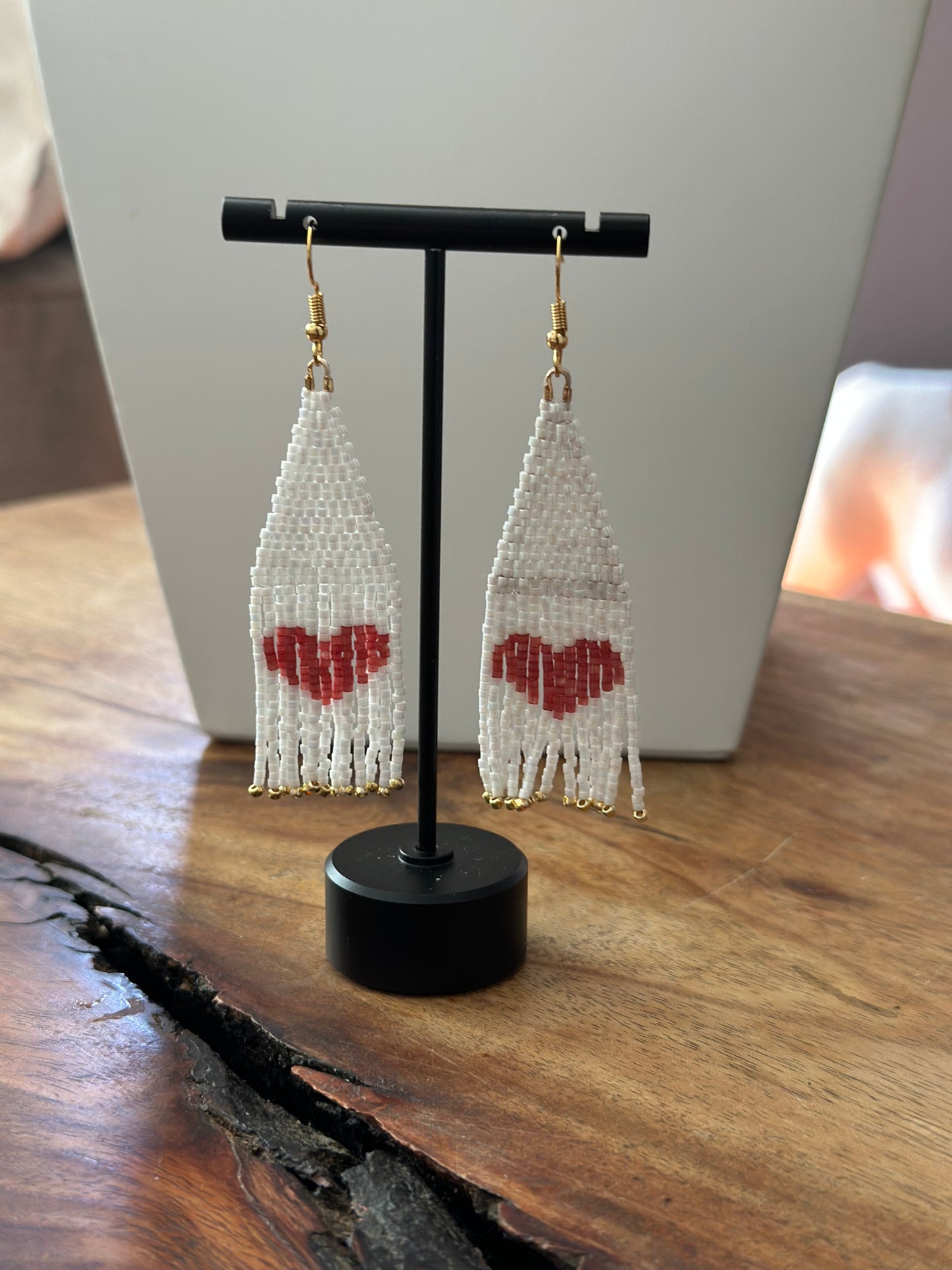 Beaded Earrings in White and Red.
