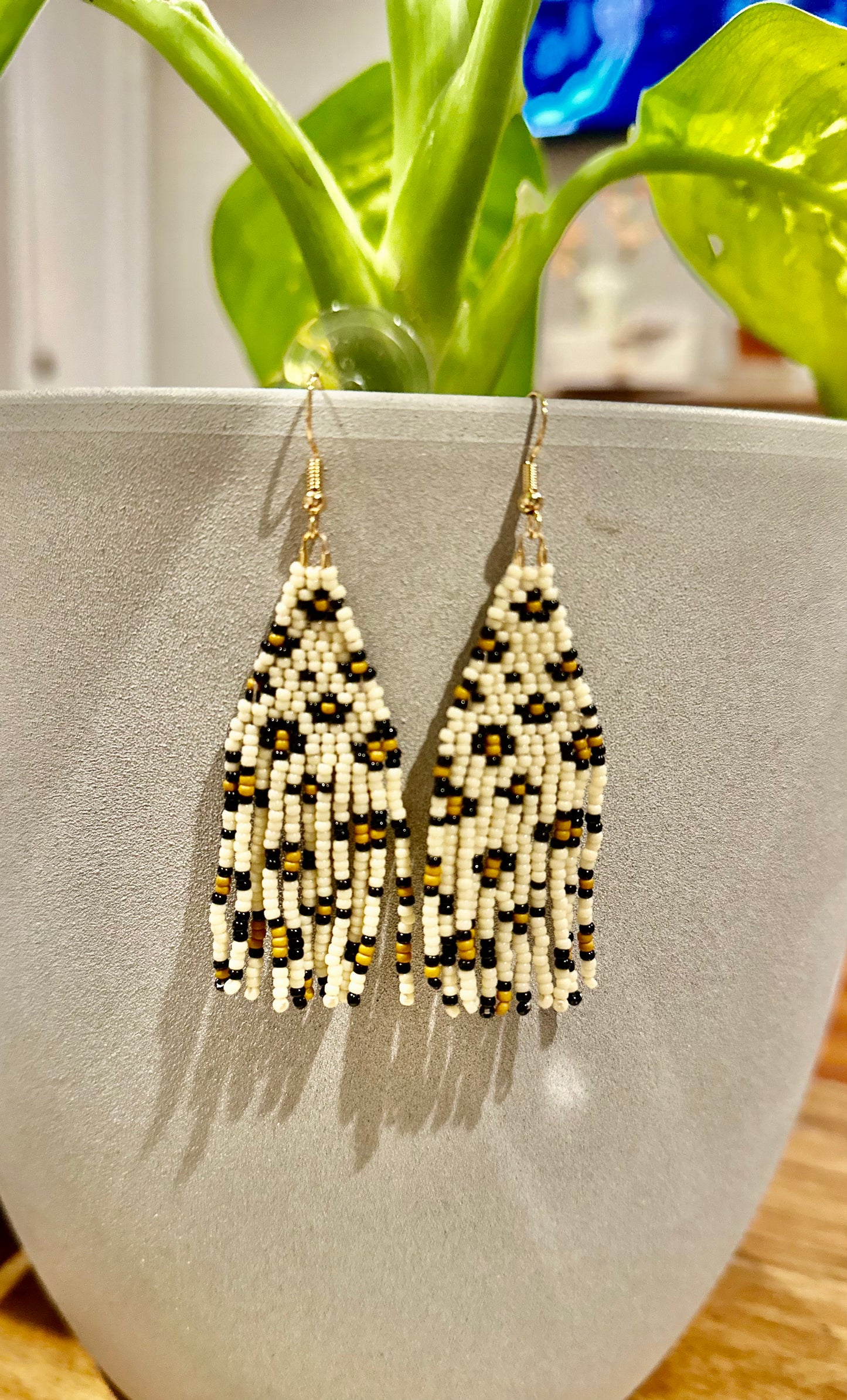 Beaded Fringe Earrings in Leopard Print