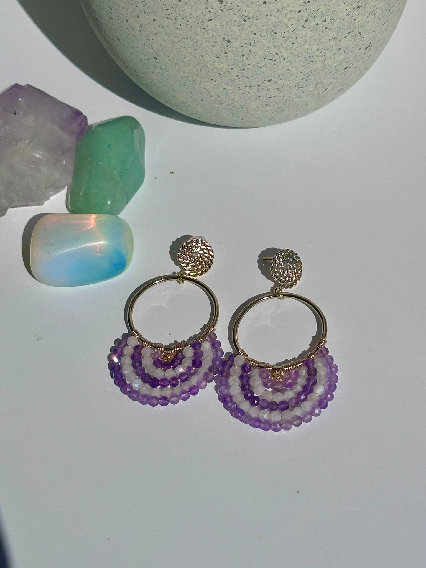 Dangle and Drop Earrings in Purple, White and Gold.