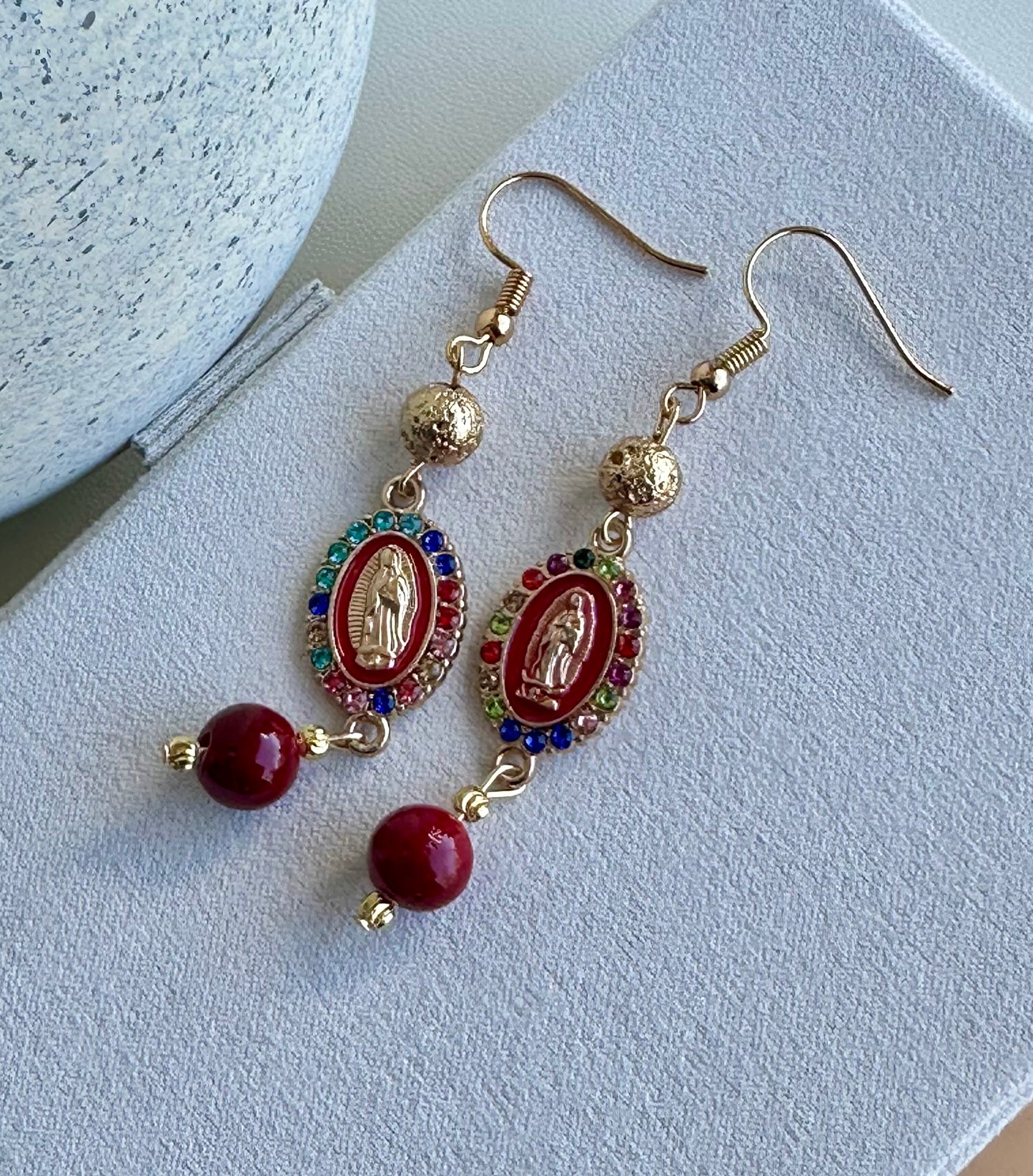 Virgen de Guadalupe Earrings in Dark Red Dyed Quartz