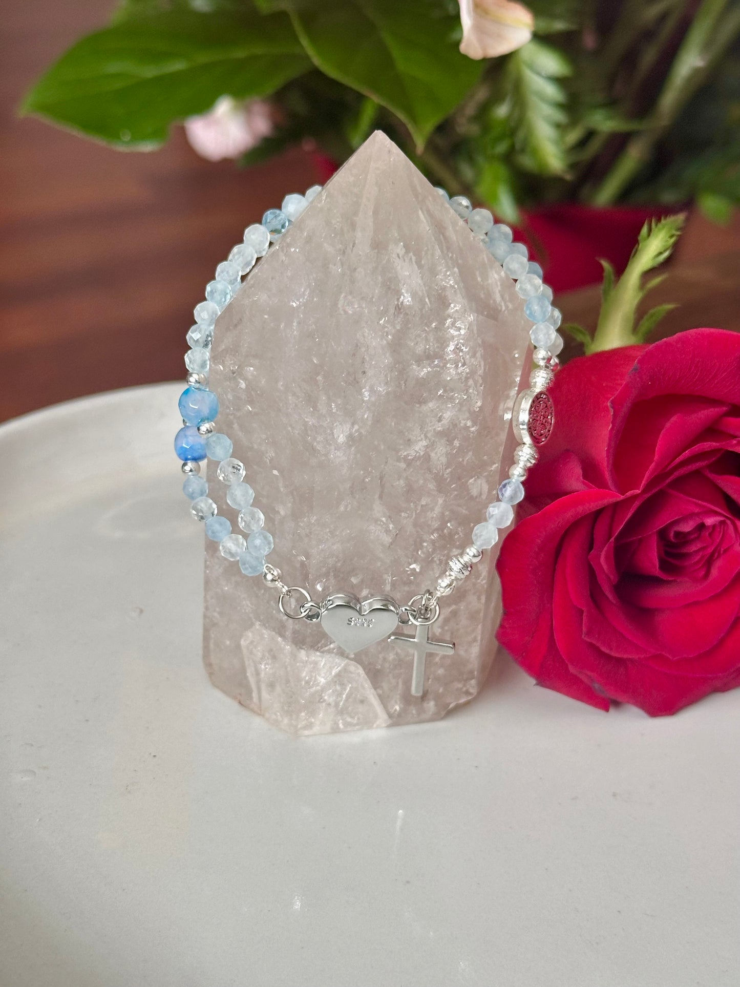 Rosary Bracelet in Light Blue and Silver