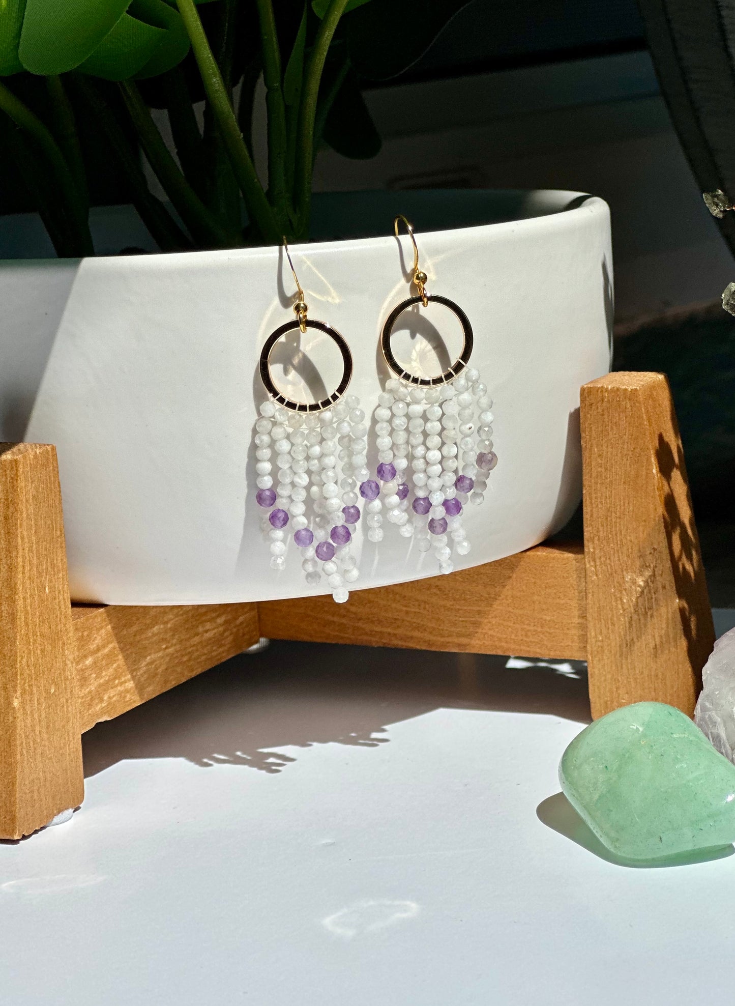 Beaded Fringe Earrings in White, Purple, and Gold