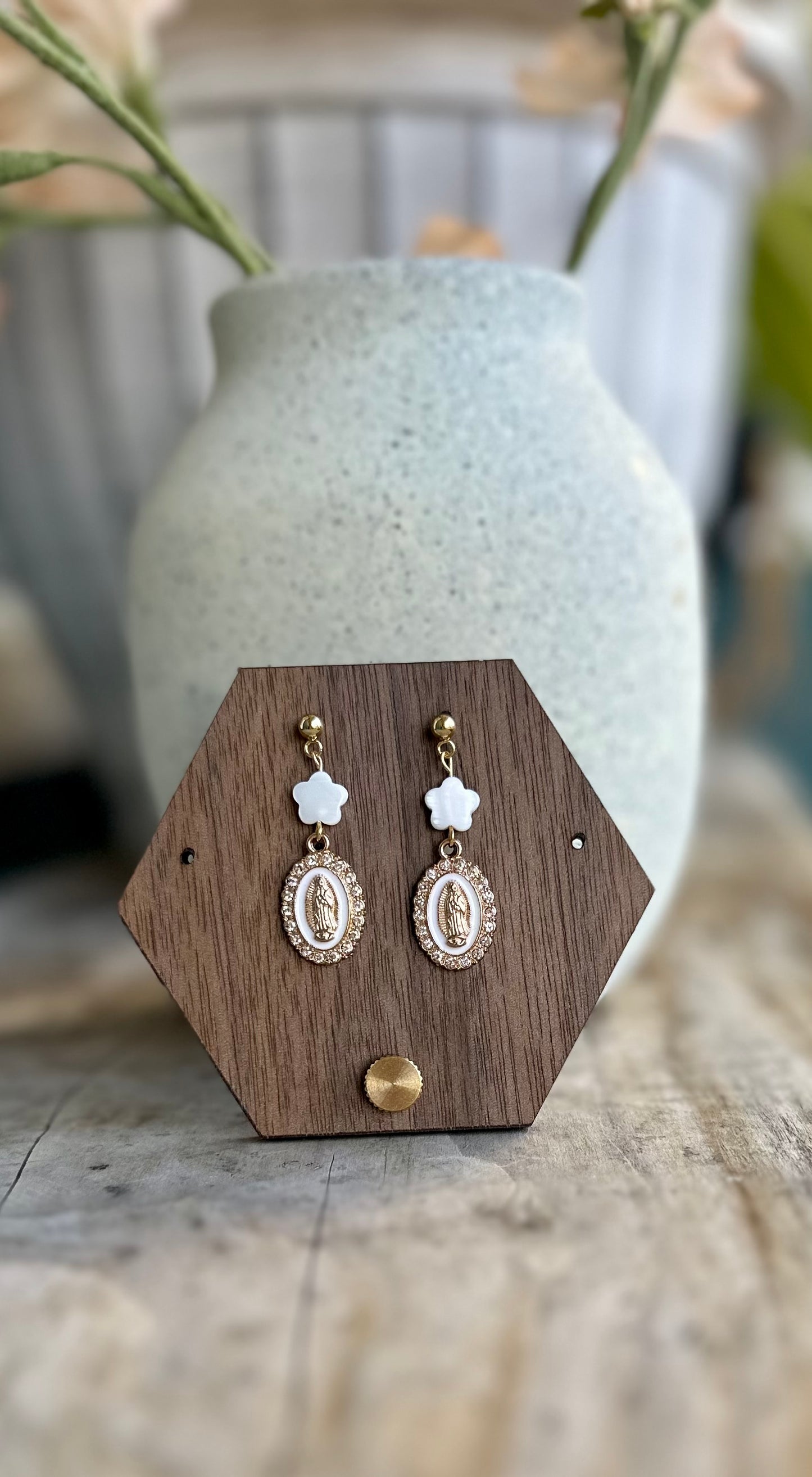 Virgen de Guadalupe Dangle and Drop Earrings in White