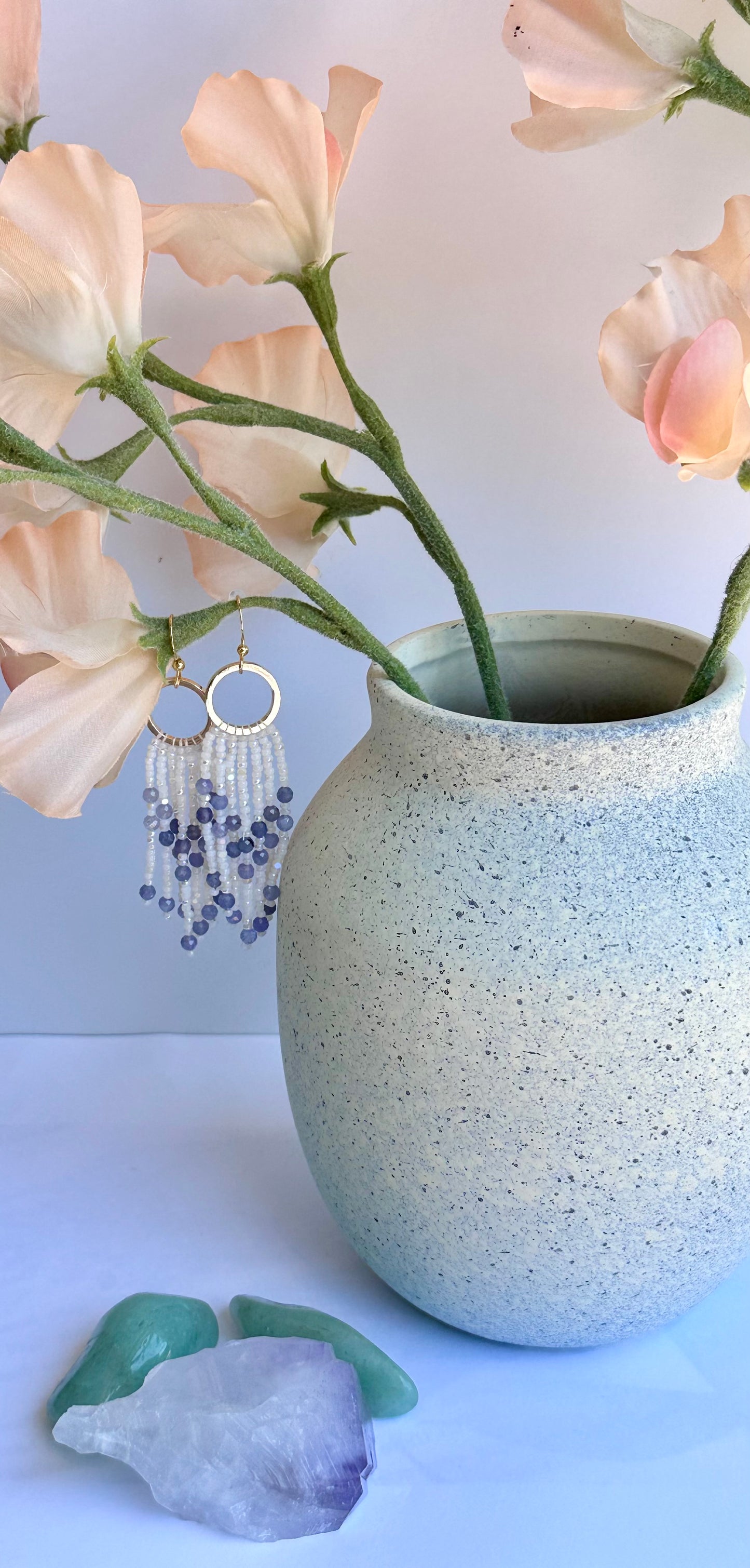 Beaded Fringe Earrings in White, Blue, and Gold