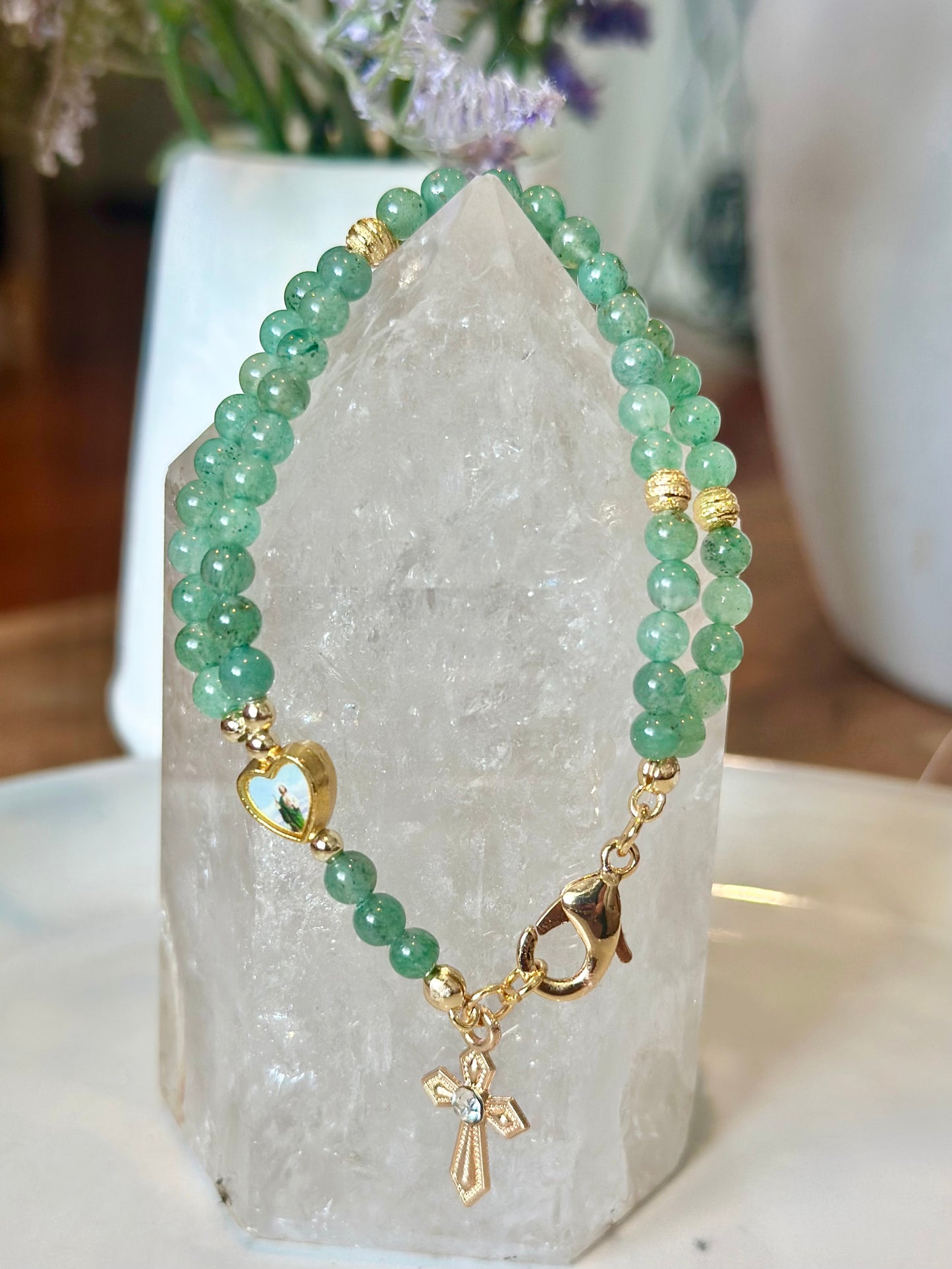 Rosary Bracelet in Green and Gold.