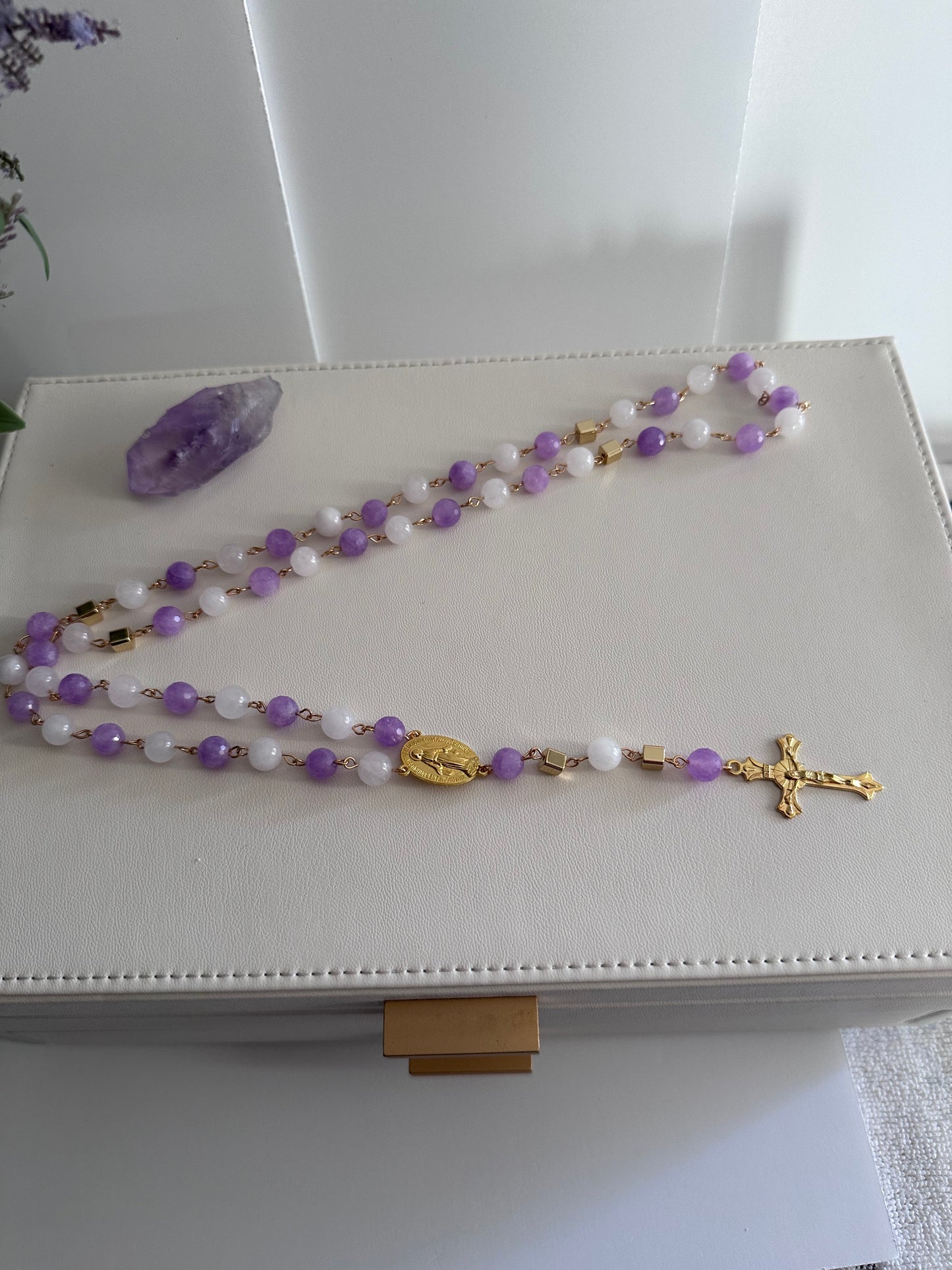 Rosary made of Lavender Jade and White Quartz Gemstones