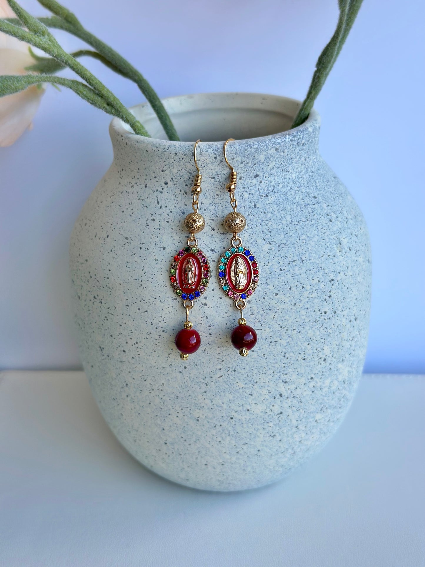 Virgen de Guadalupe Earrings in Dark Red Dyed Quartz