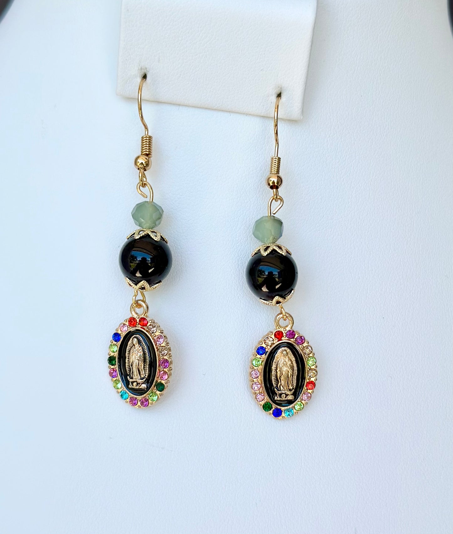 Virgen de Guadalupe Dangle and Drop Earrings in Black and Green