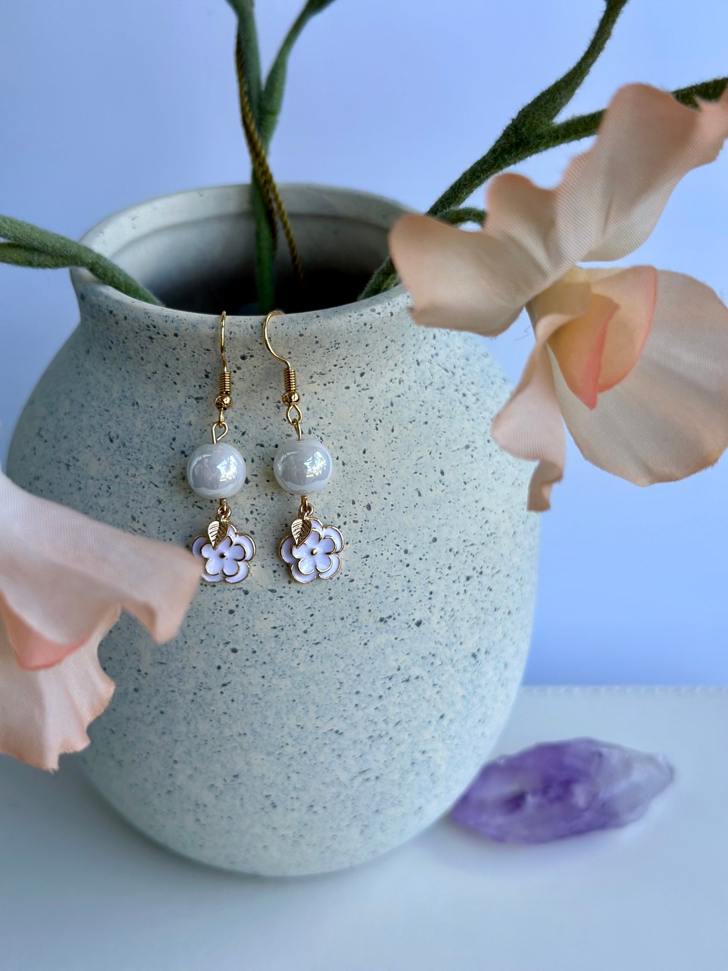 Dangle and Drop Earrings Set in White Pearl Beads