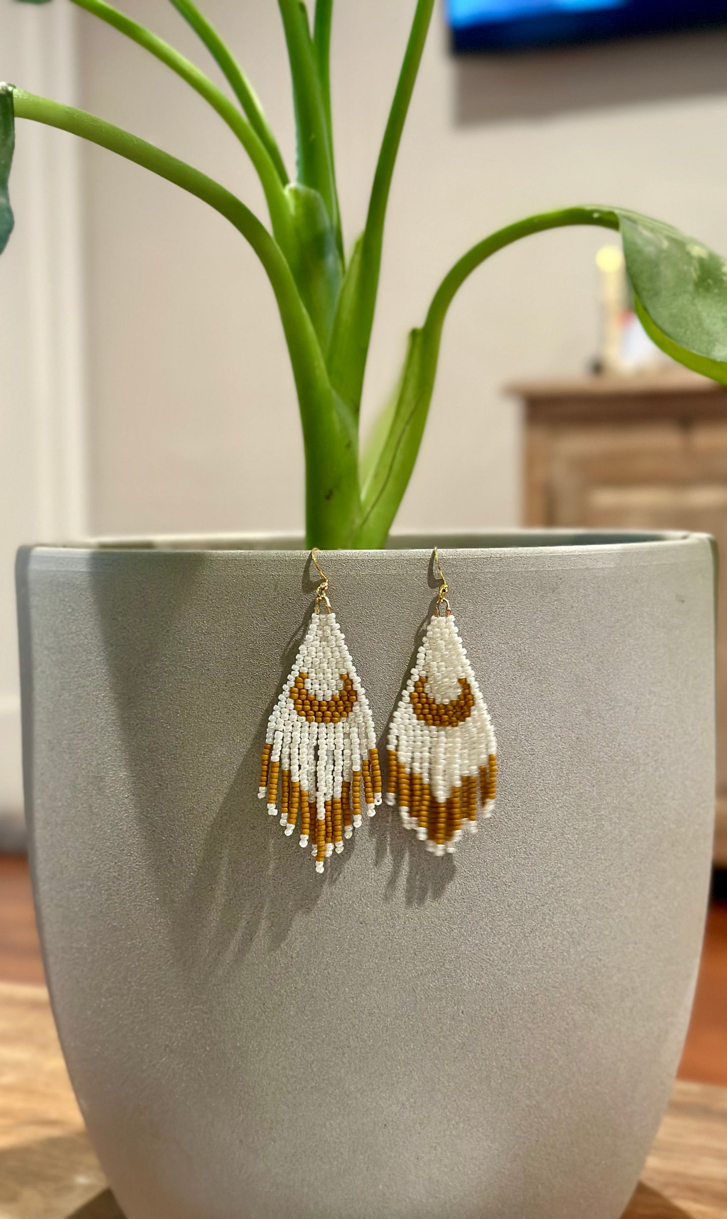 Beaded Fringe Earrings in White and Yellow Mustard