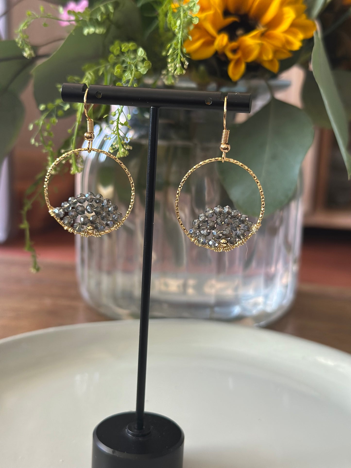 Dangle and Drop Earrings in Smokey Grey and Gold