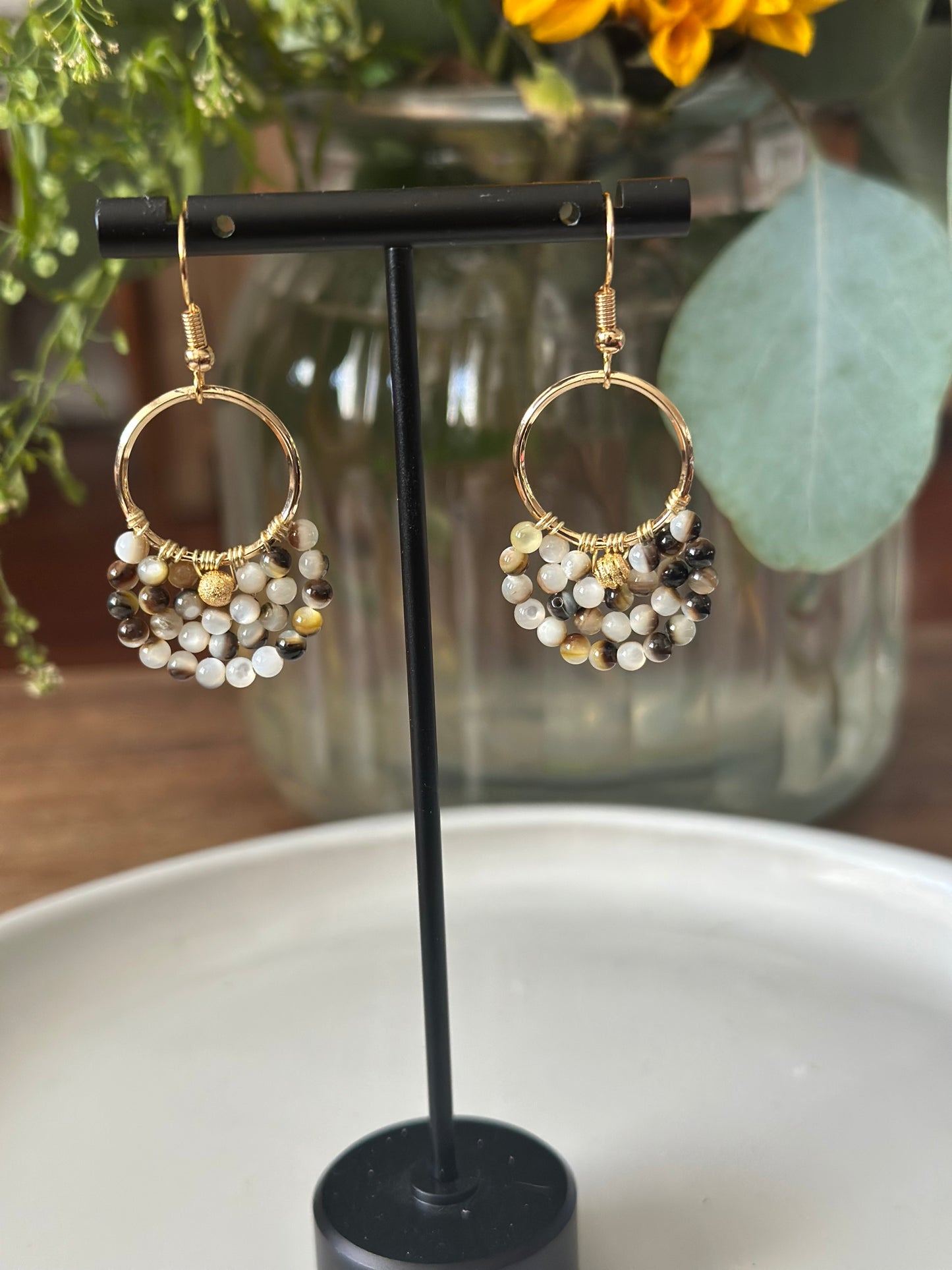 Dangle and Drop Earrings in Brown, White, and Gold. (Small).