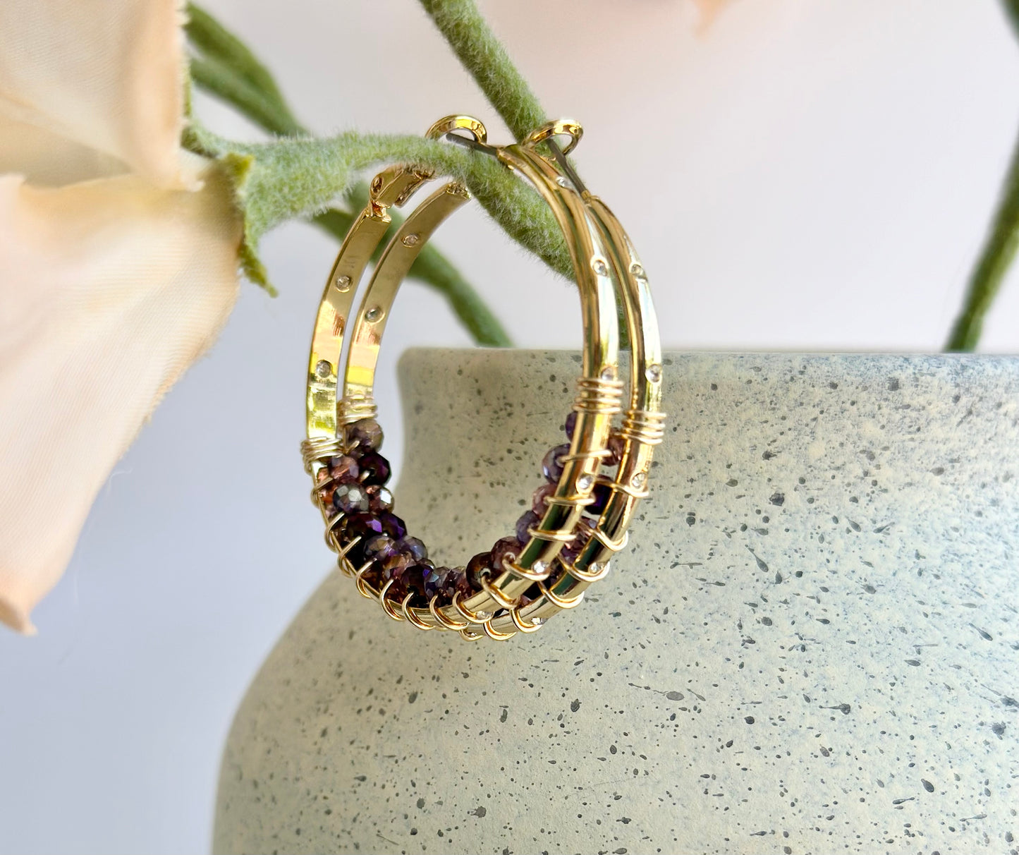 Hoop Earrings with Dark Purple Glass Beads (30mm)