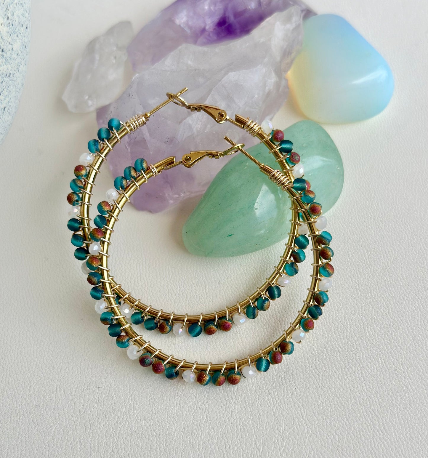 Hoop Earrings In Blue Green and White glass Beads (40mm)