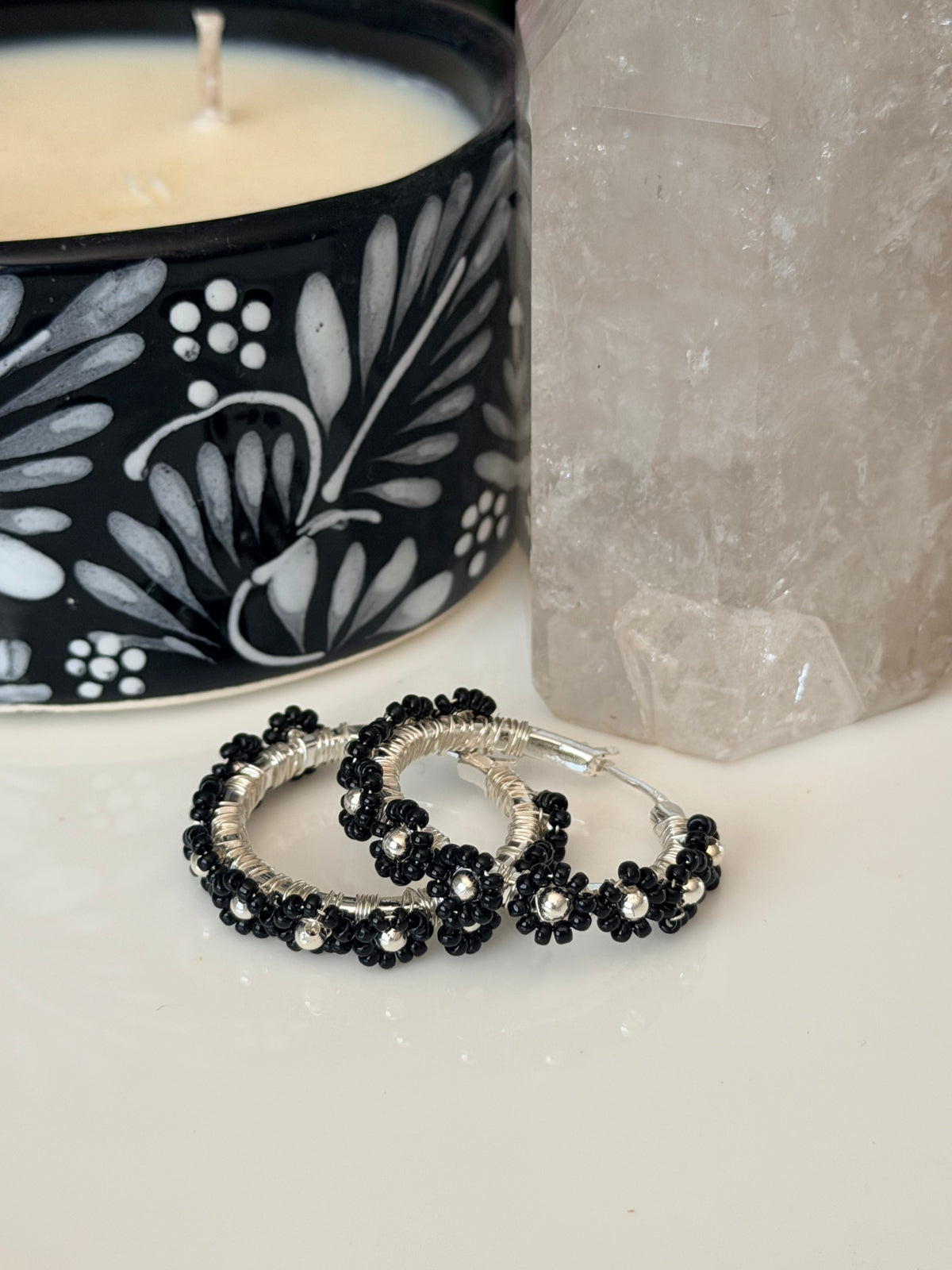 Hoop Earrings in Black and Silver.
