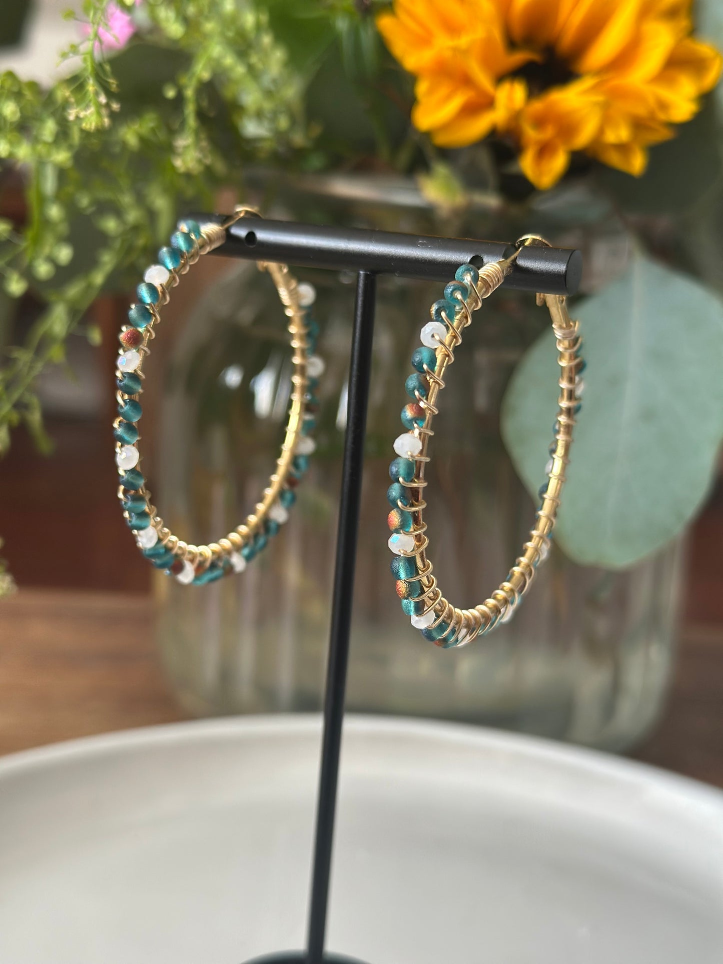 Hoop Earrings in Green and White