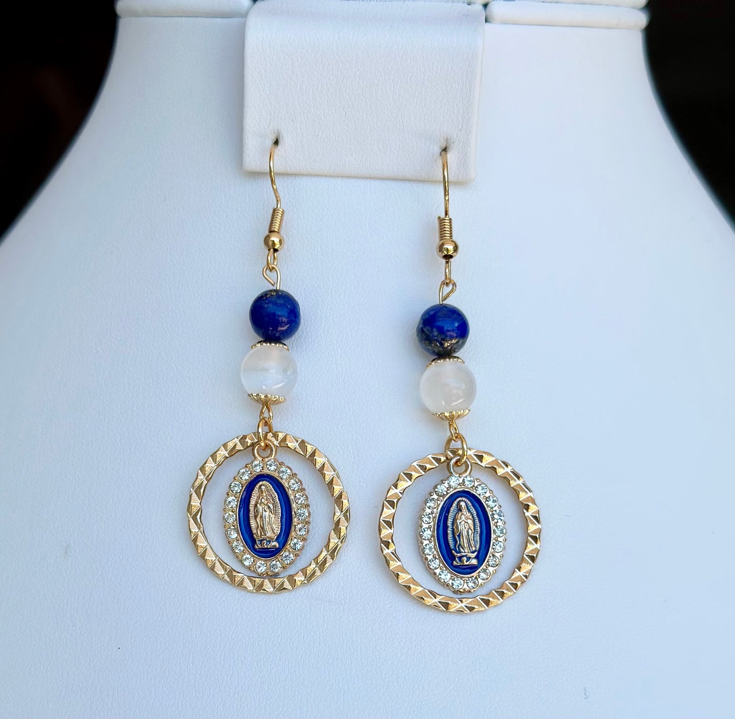 Virgen de Guadalupe Dangle and Drop Earrings in Blue and Clear