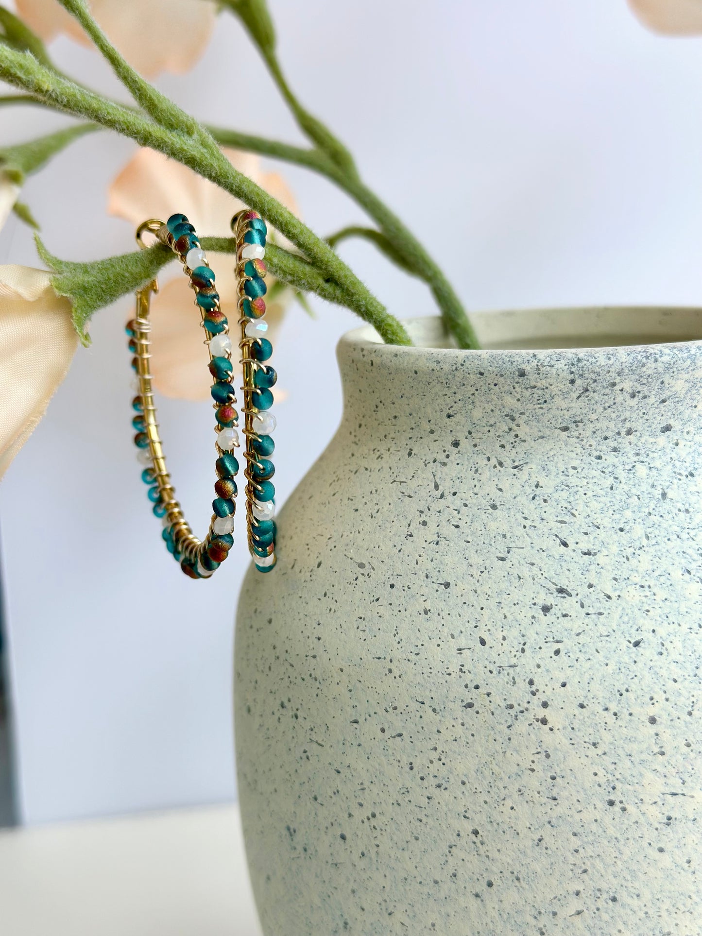 Hoop Earrings In Blue Green and White glass Beads (40mm)