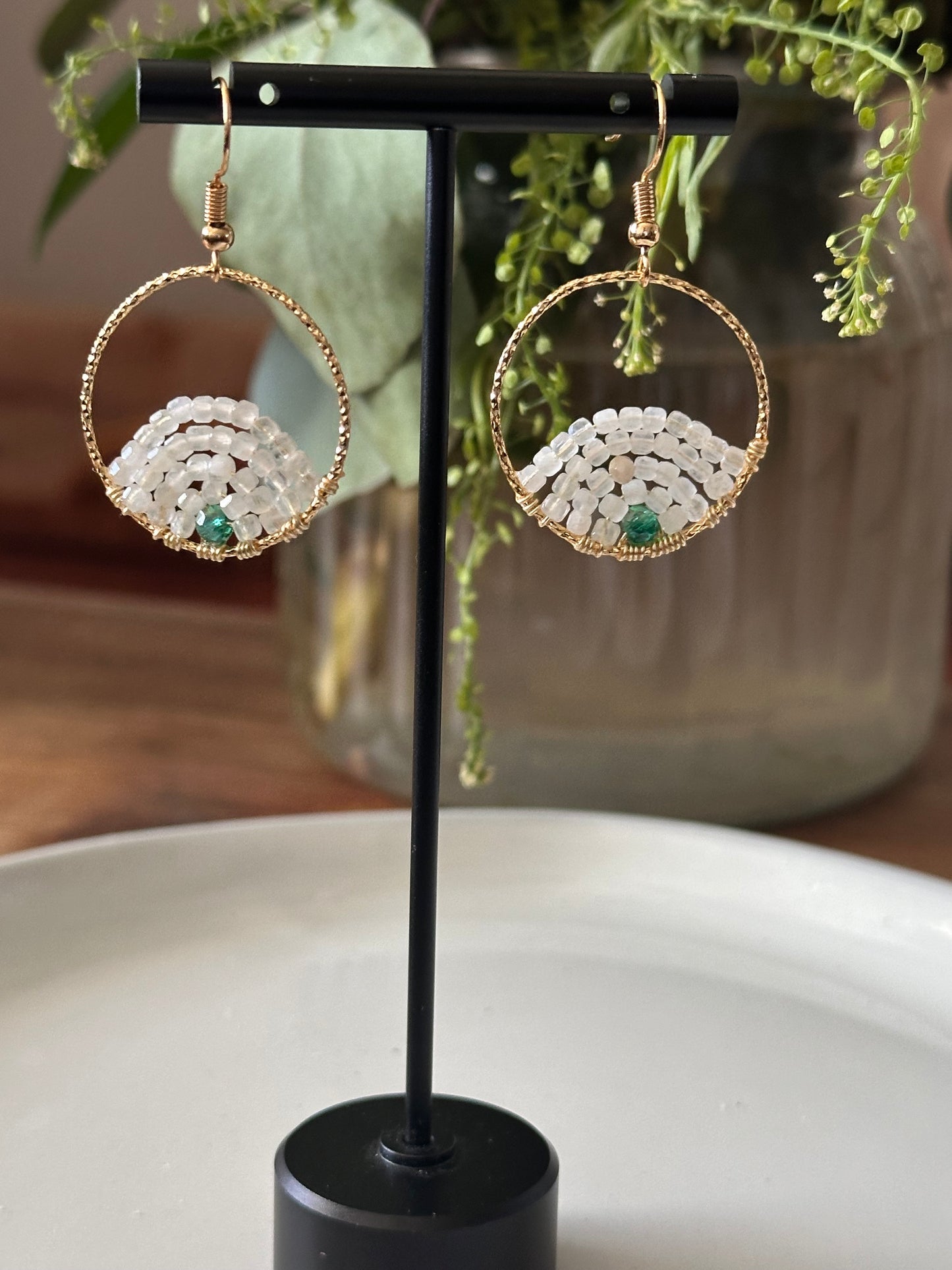 Dangle and Drop Earrings in White and Gold.