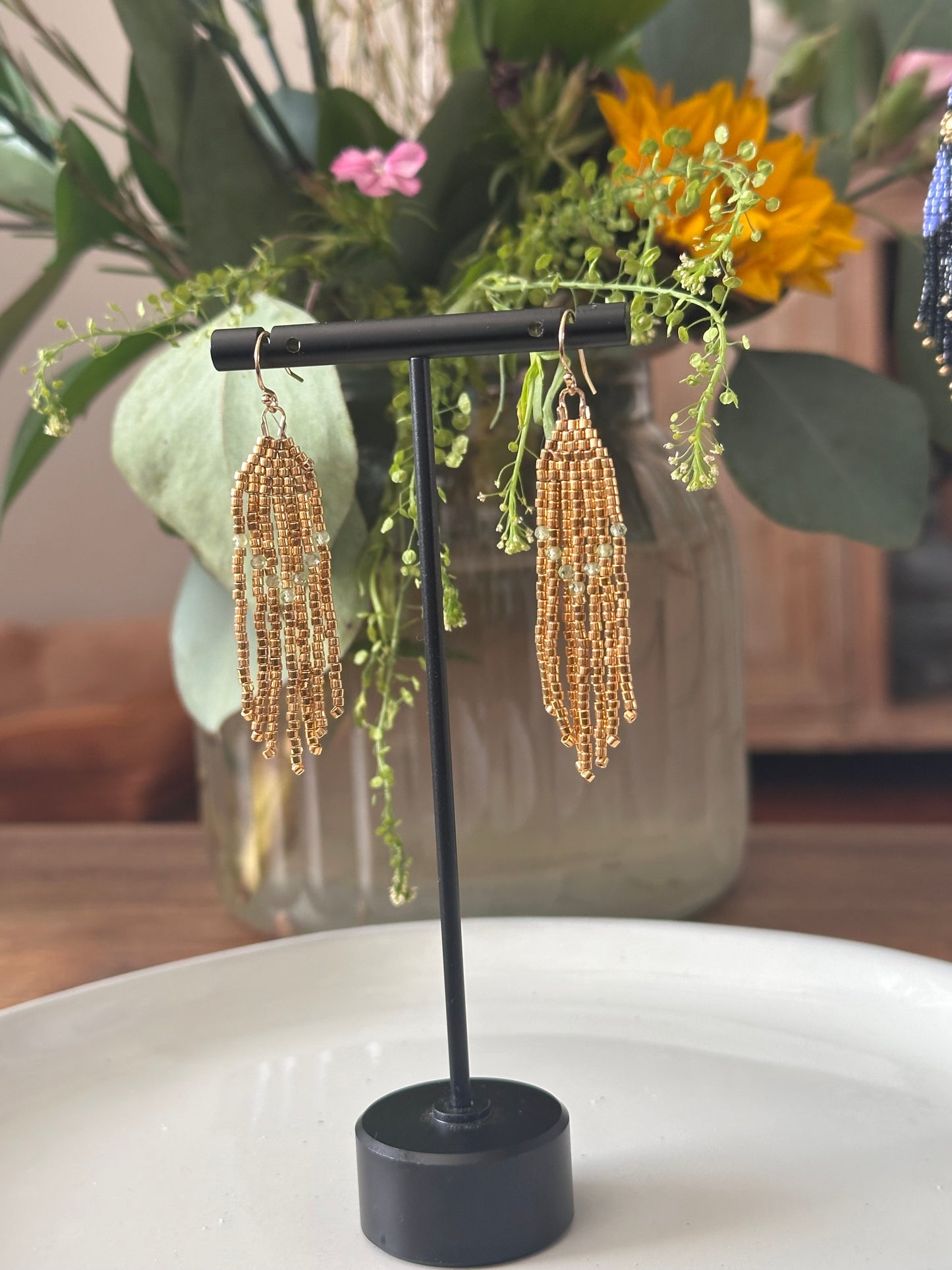 Beaded Earrings in Gold and Green