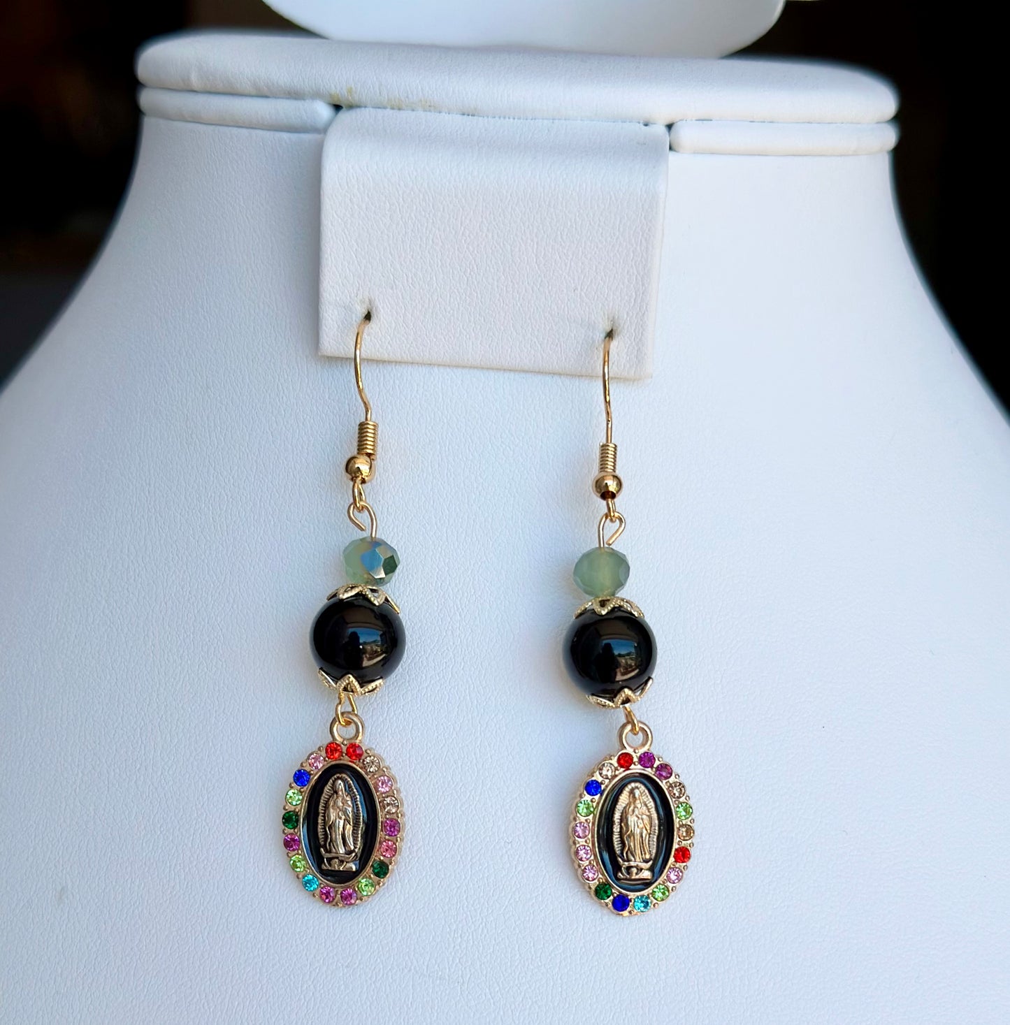 Virgen de Guadalupe Dangle and Drop Earrings in Black and Green