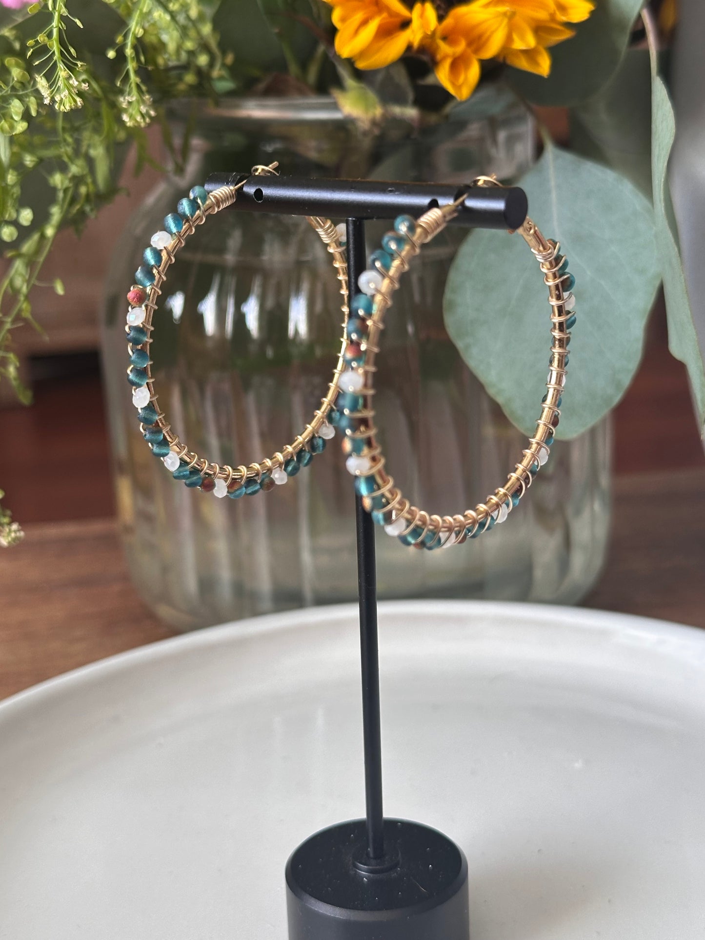 Hoop Earrings in Green and White