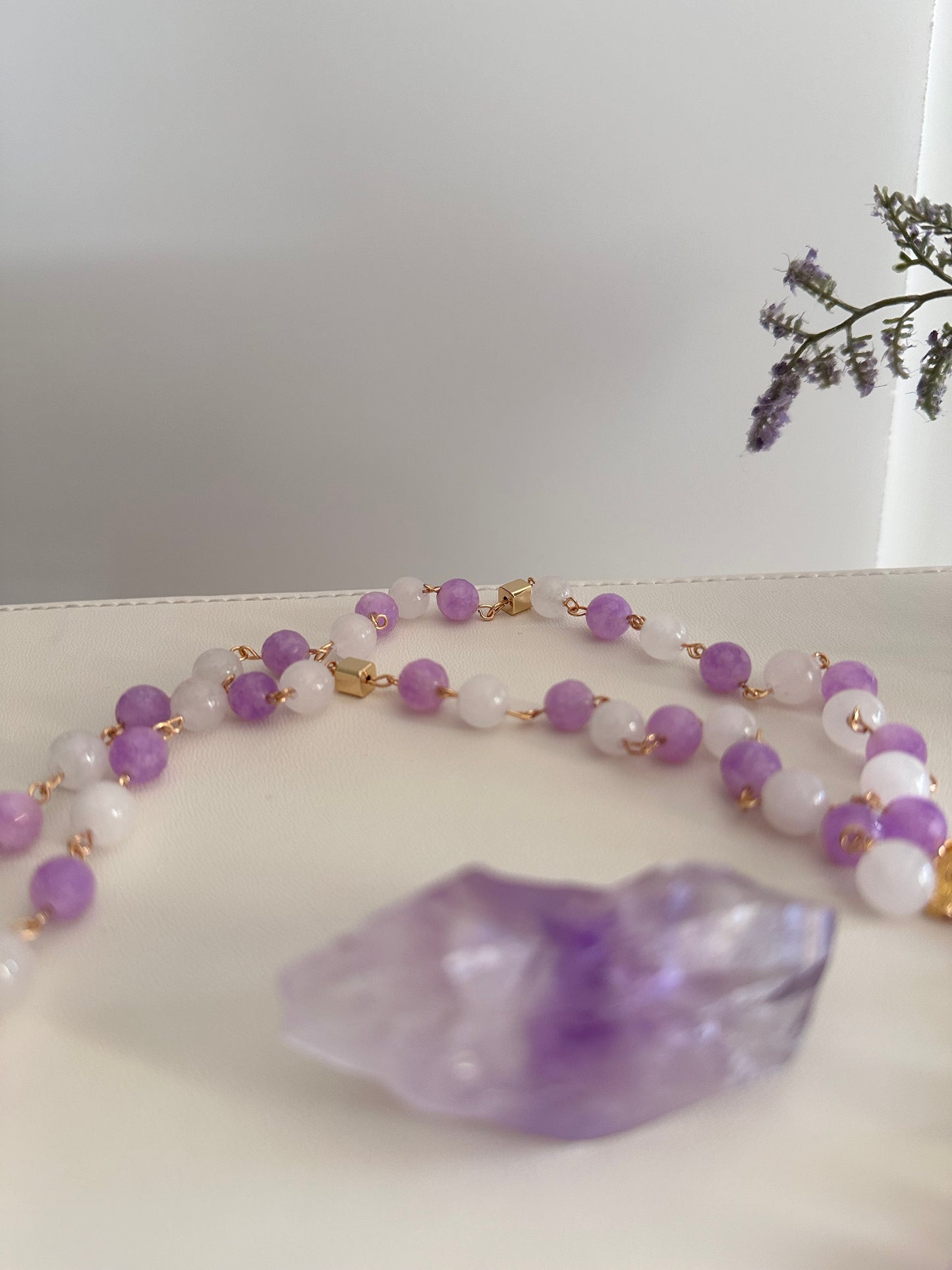 Rosary made of Lavender Jade and White Quartz Gemstones