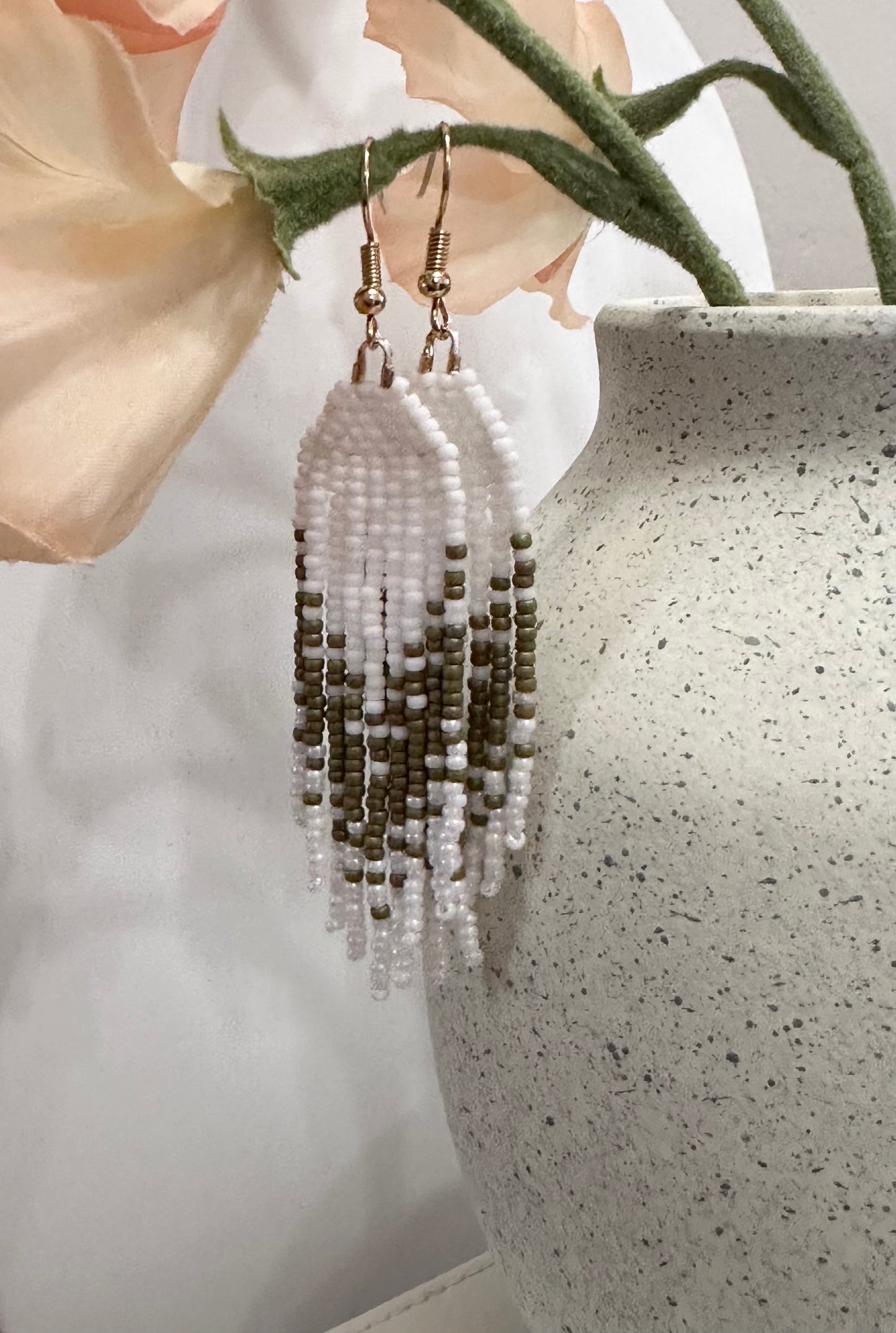 Beaded Fringe Earrings in White and Green