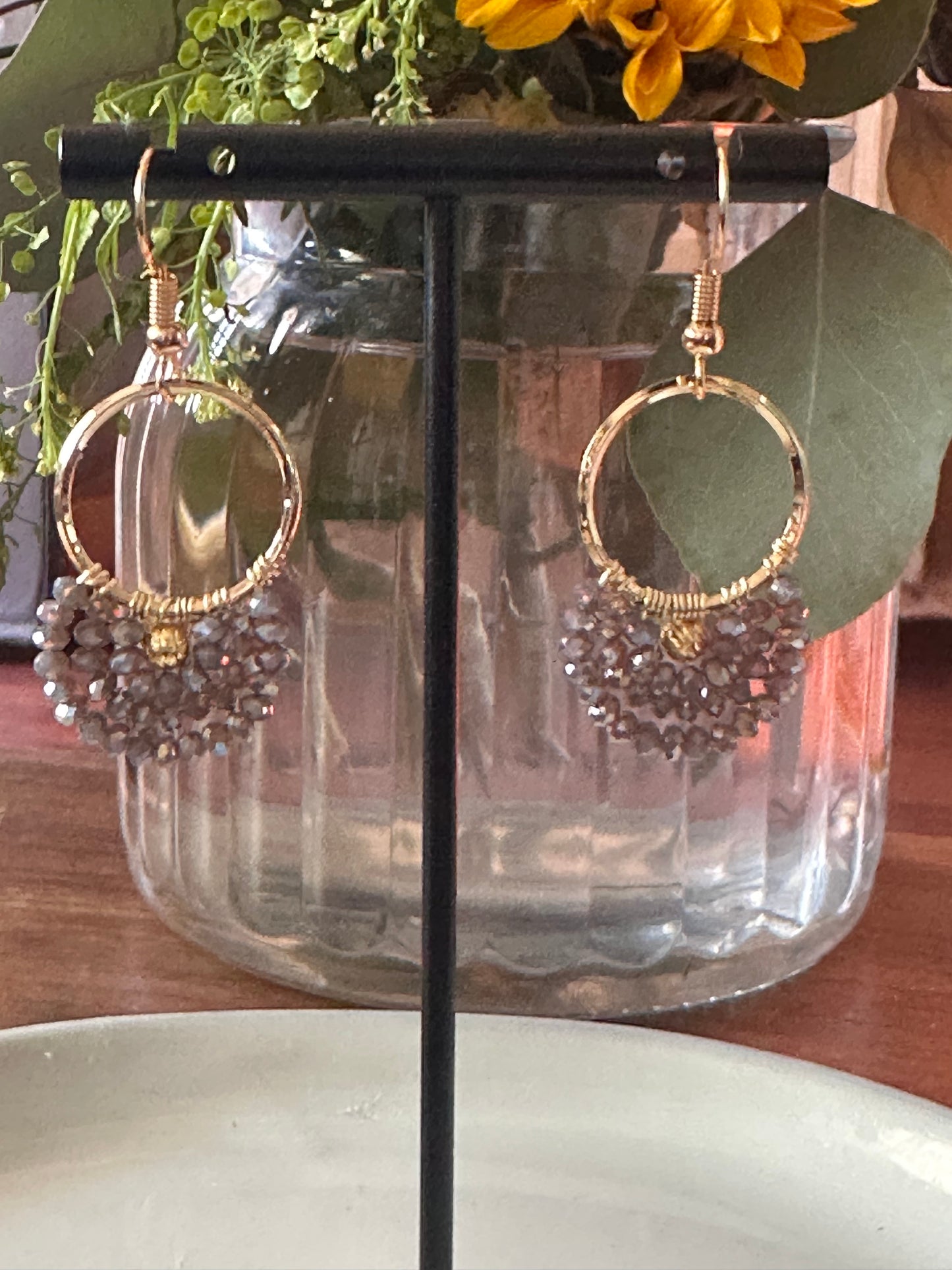 Dangle and Drop Earrings in Smokey Grey and Gold.