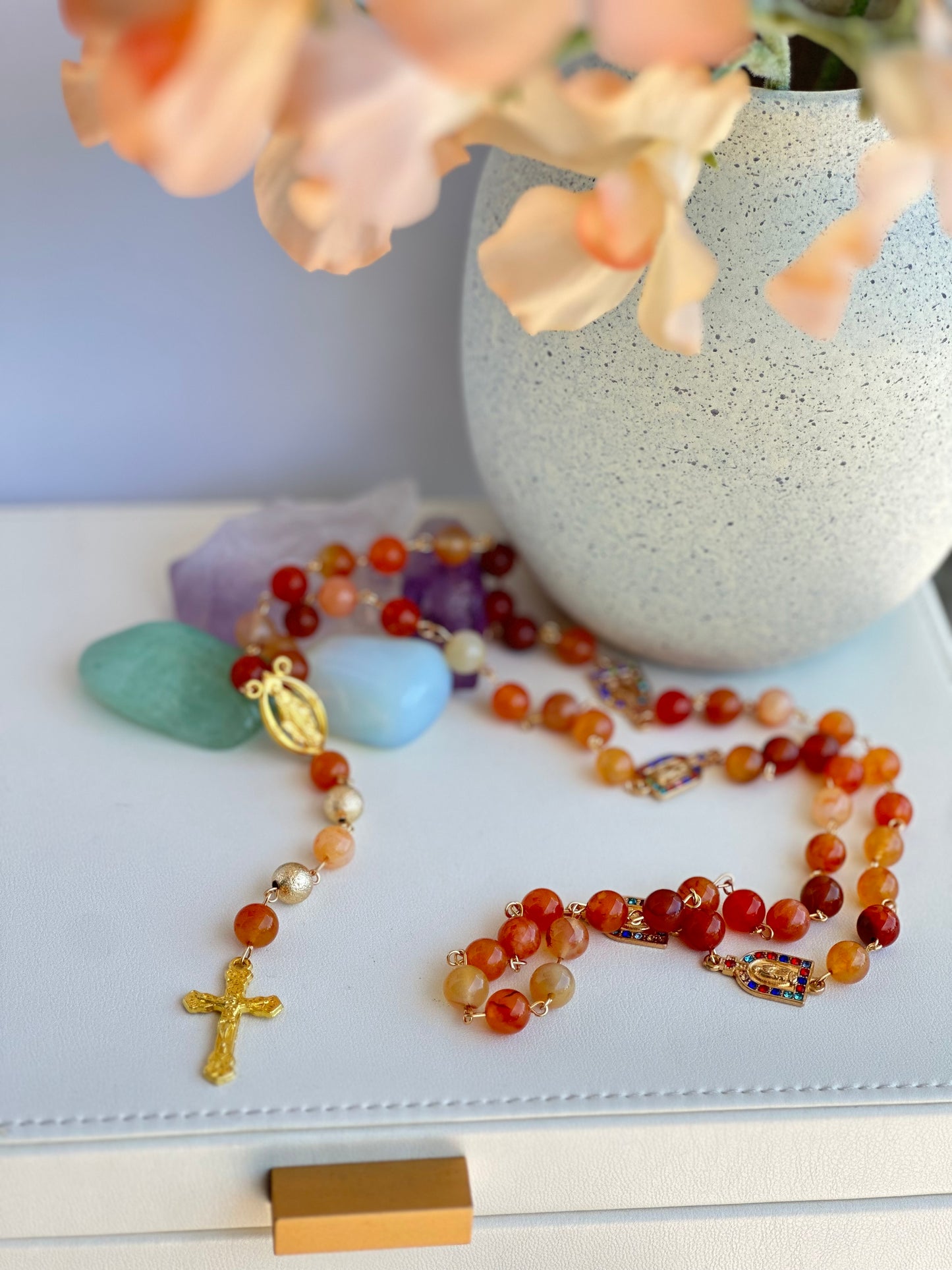 Rosary with Natural Red Agate Gemstone Beads